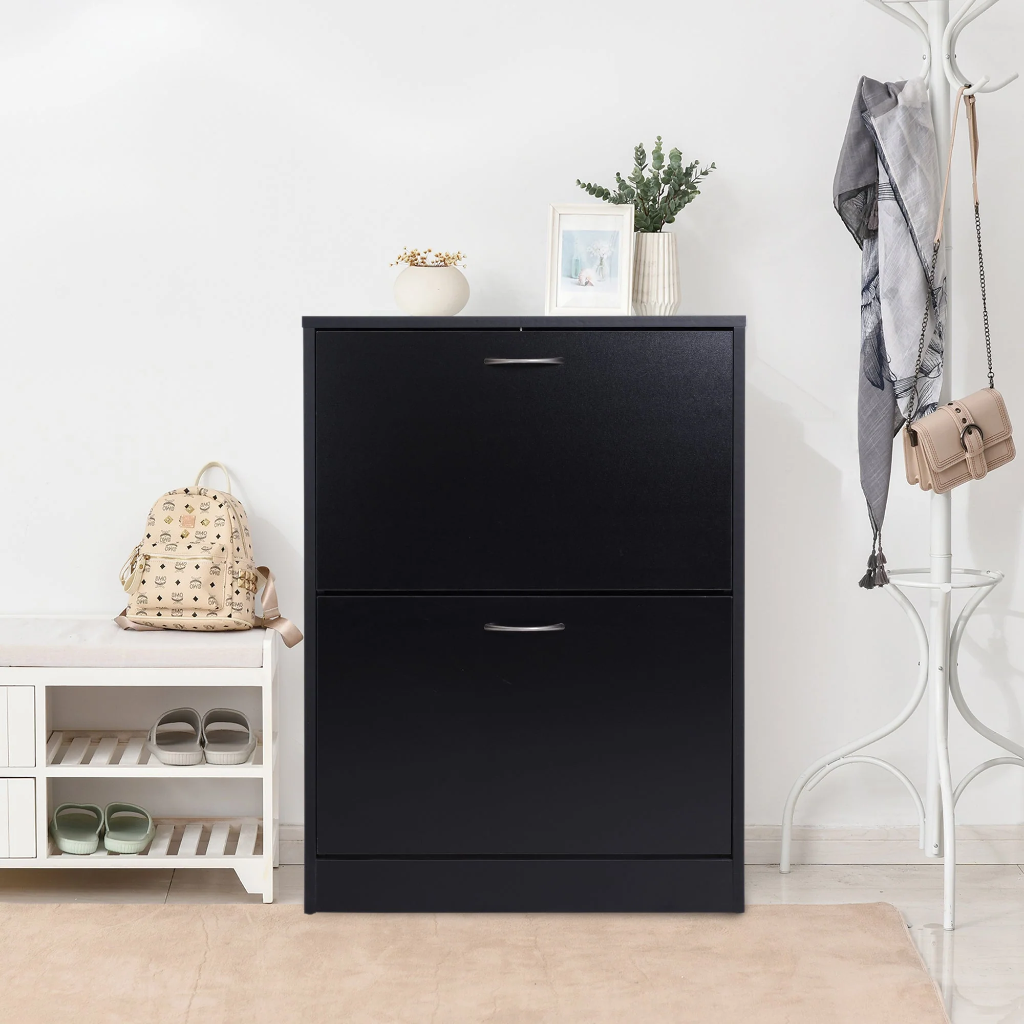 Homcom Shoe Cabinet Storage Cupboard 2-Tier Wood Tipping Bucket Modern Hall Organizer With Drawer Adjustable Shelf Large-Capacity Black - Image 2