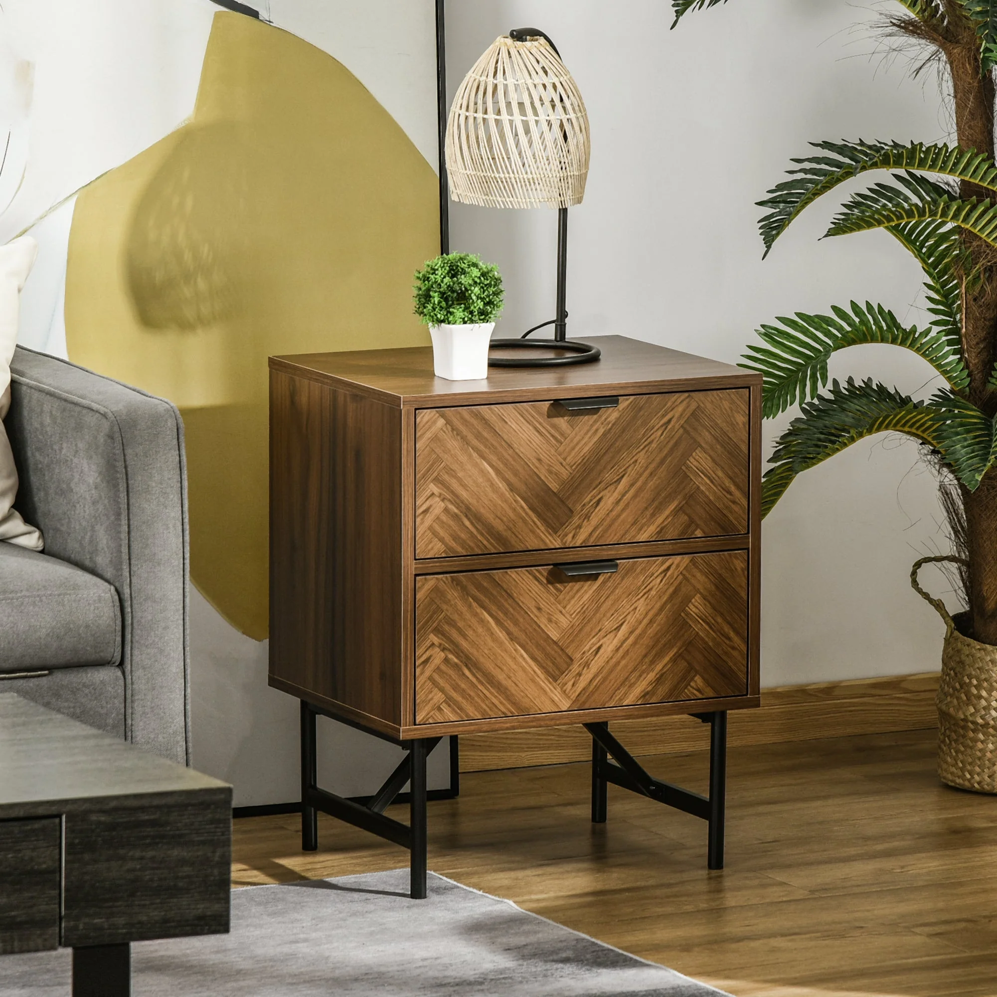 Homcom Side Cabinet Home Organizer With 2 Drawer Unit Herringbone Pattern Walnut Tone - Image 2