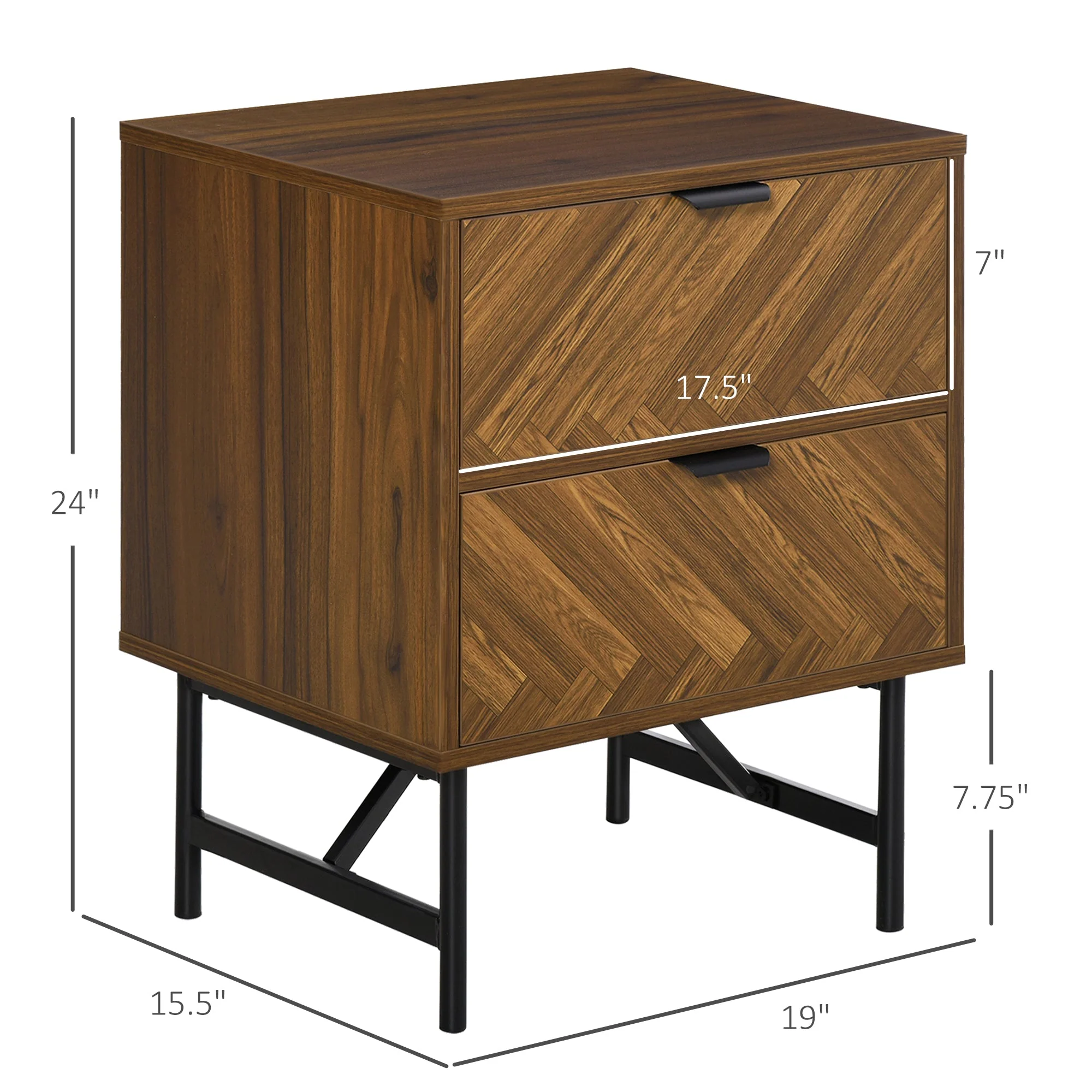 Homcom Side Cabinet Home Organizer With 2 Drawer Unit Herringbone Pattern Walnut Tone - Image 3