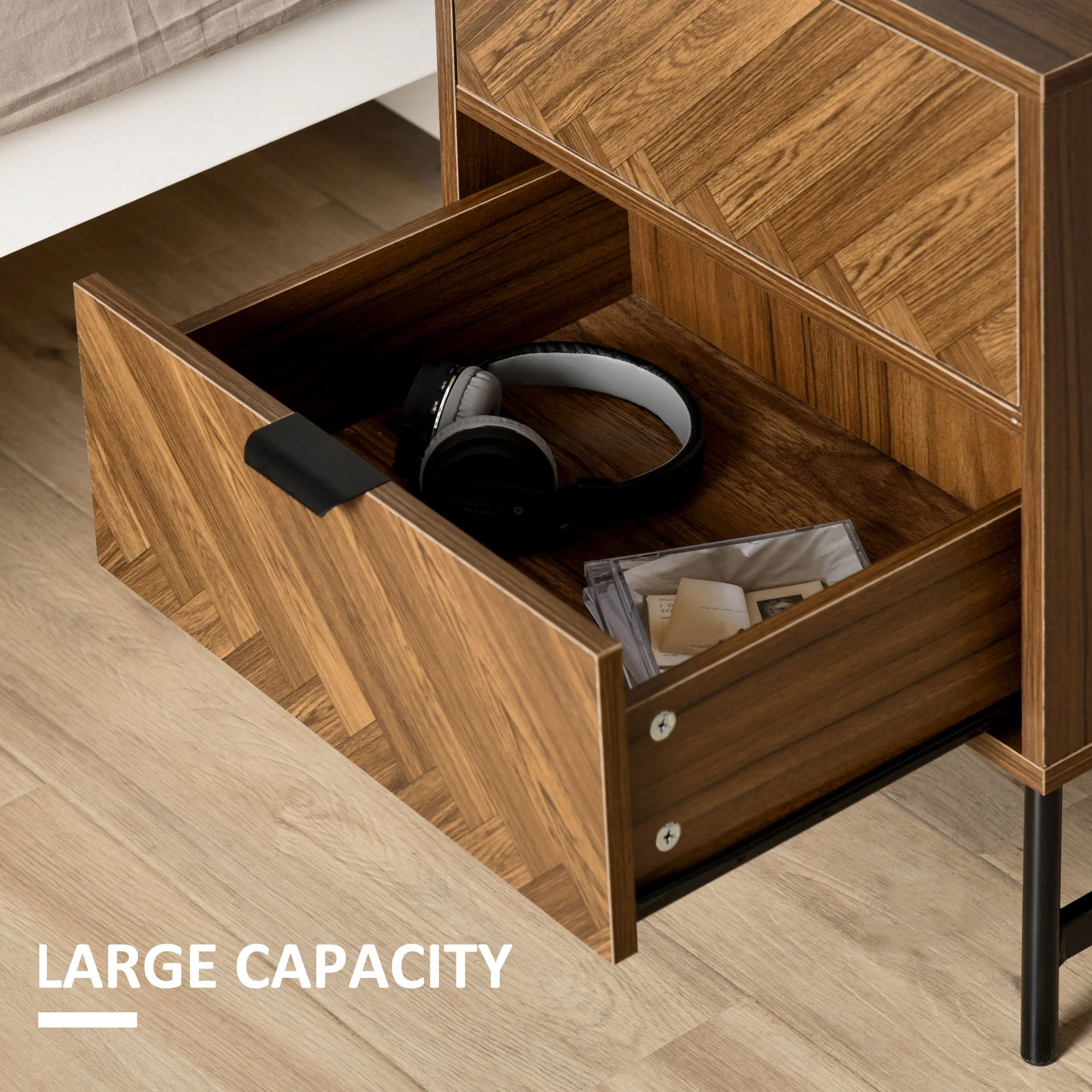 Homcom Side Cabinet Home Organizer With 2 Drawer Unit Herringbone Pattern Walnut Tone - Image 4