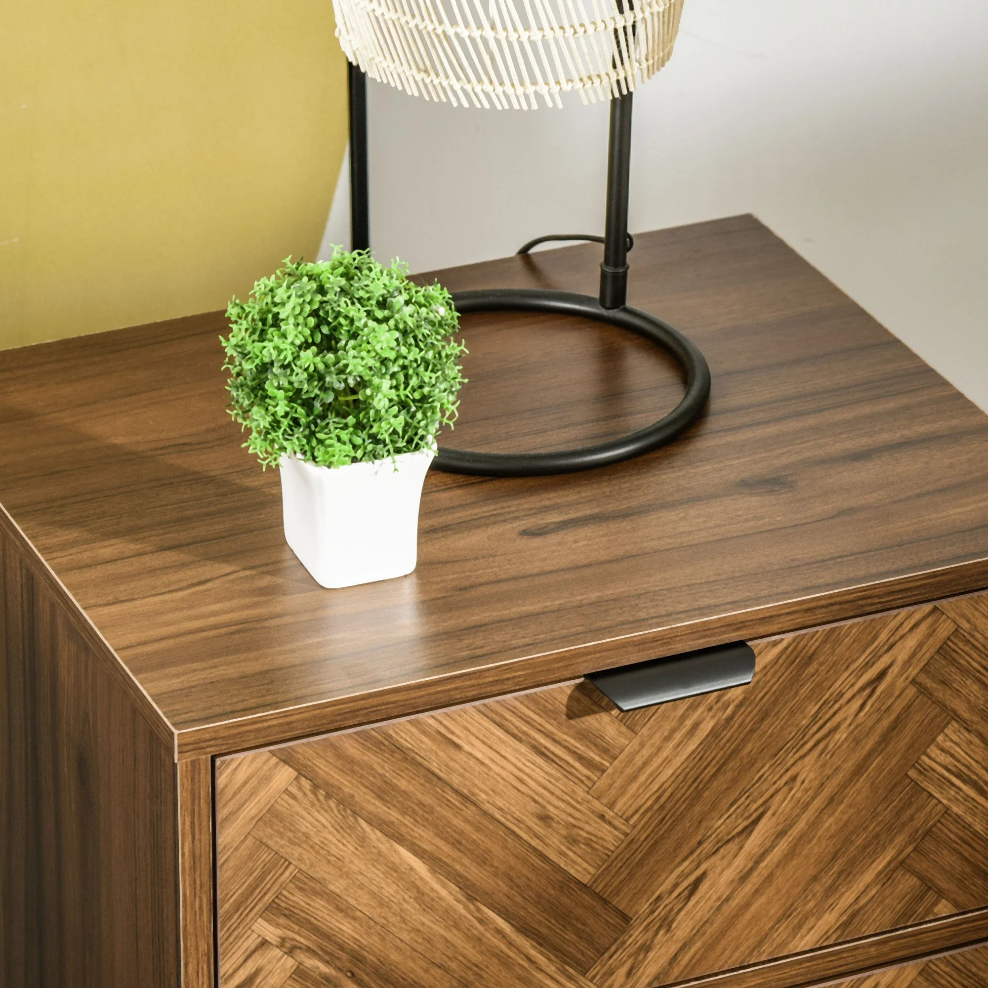 Homcom Side Cabinet Home Organizer With 2 Drawer Unit Herringbone Pattern Walnut Tone - Image 8