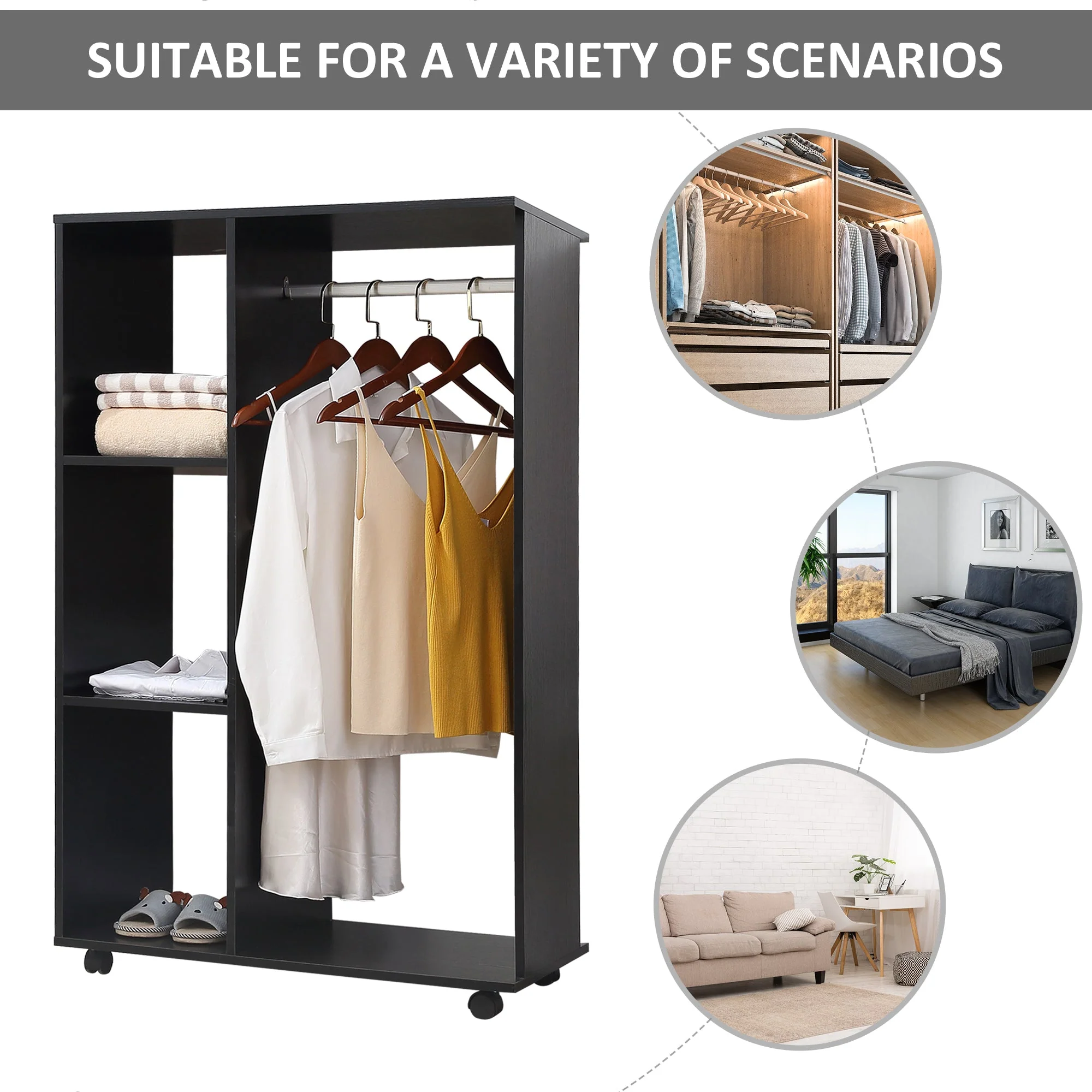 Homcom Single Rail & Shelf Open Wardrobe - Black - Image 4