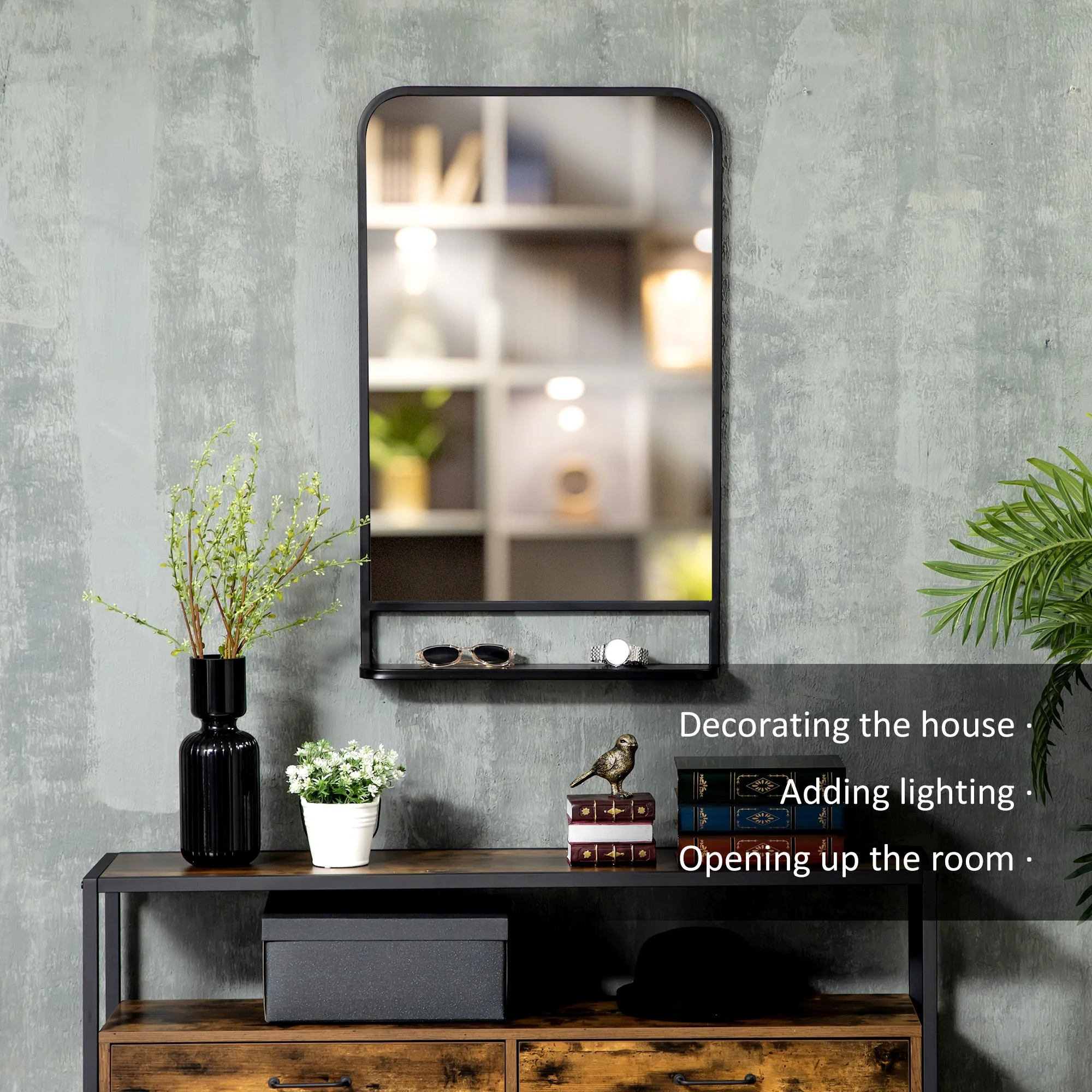 Homcom Square Wall Mirror With Storage Shelf 86 X 53 cm Modern Mirrors For Bedroom Living Room Black - Image 4
