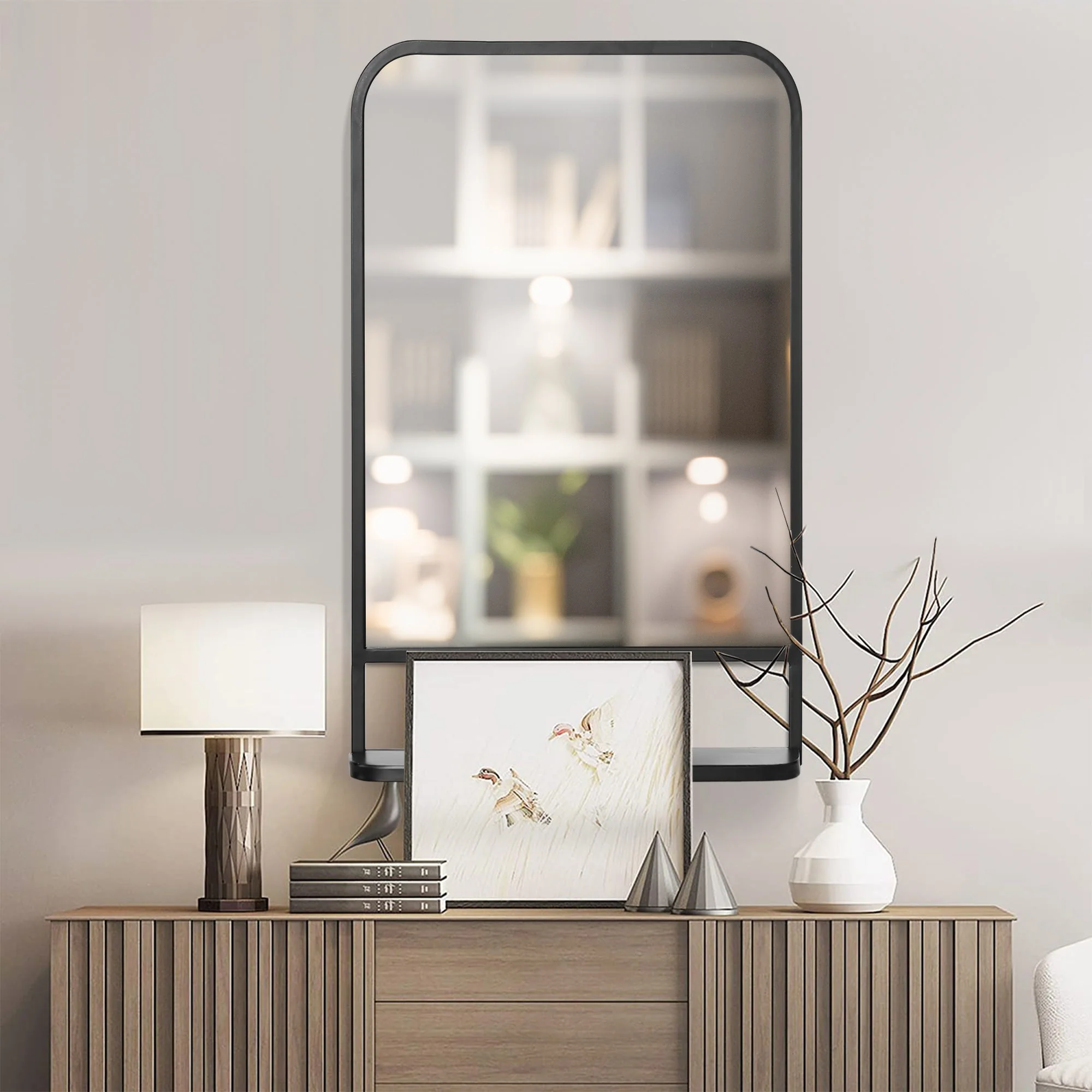Homcom Square Wall Mirror With Storage Shelf 86 X 53 cm Modern Mirrors For Bedroom Living Room Black - Image 7