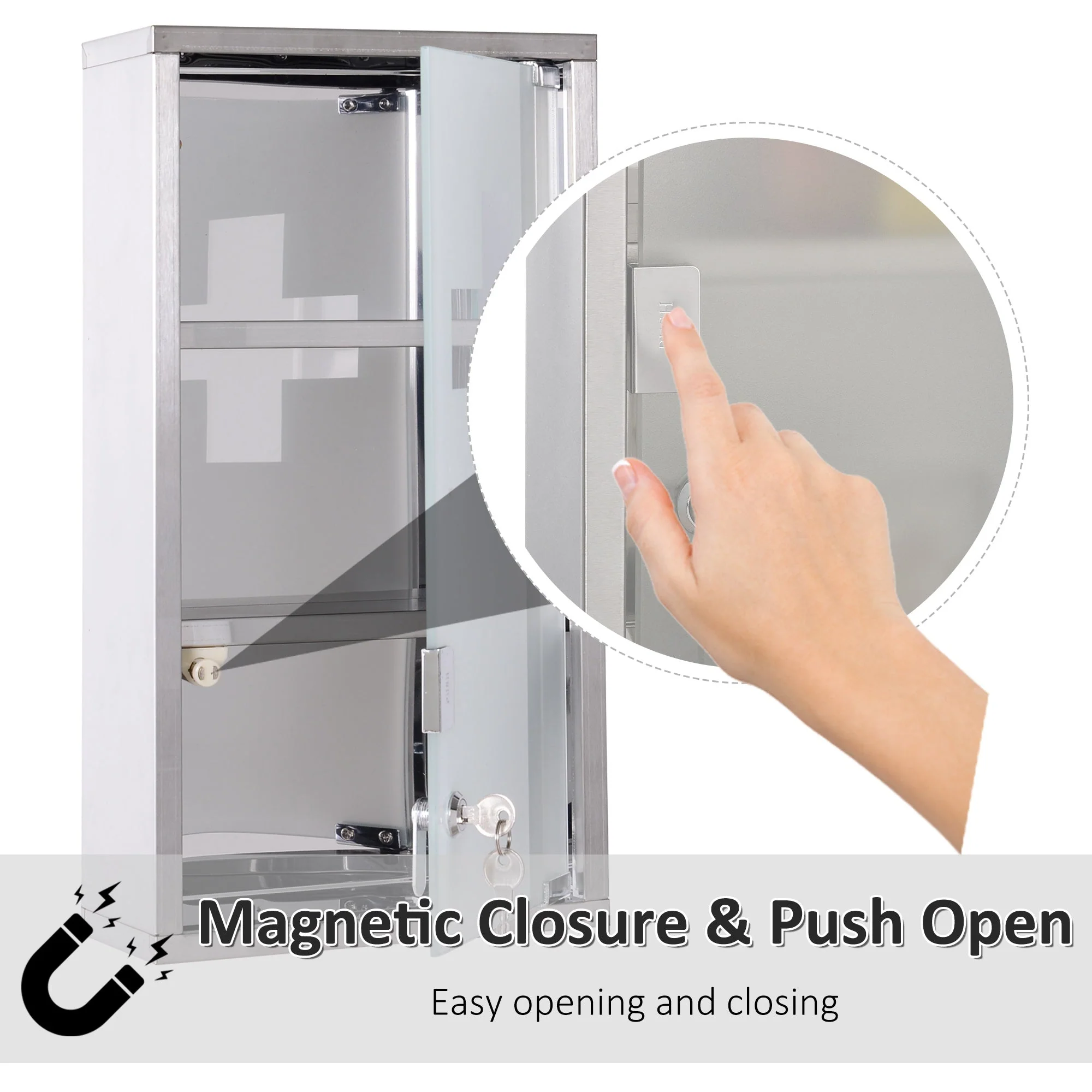 Homcom Stainless Steel wall mounted Medicine Cabinet with 2 Shelves + Security Glass Door Lockable 48 cm(H) - Image 5
