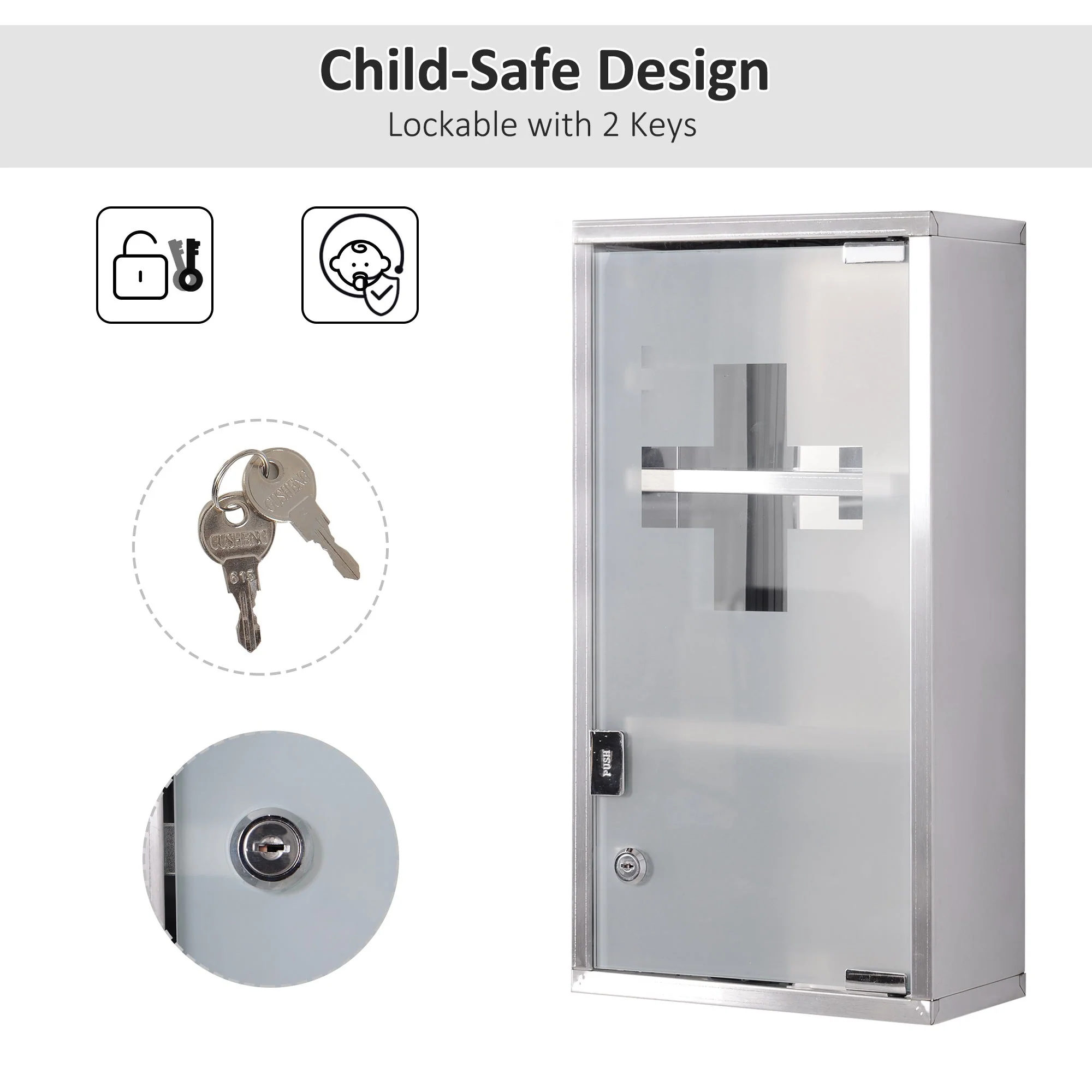 Homcom Stainless Steel wall mounted Medicine Cabinet with 2 Shelves + Security Glass Door Lockable 48 cm(H) - Image 6