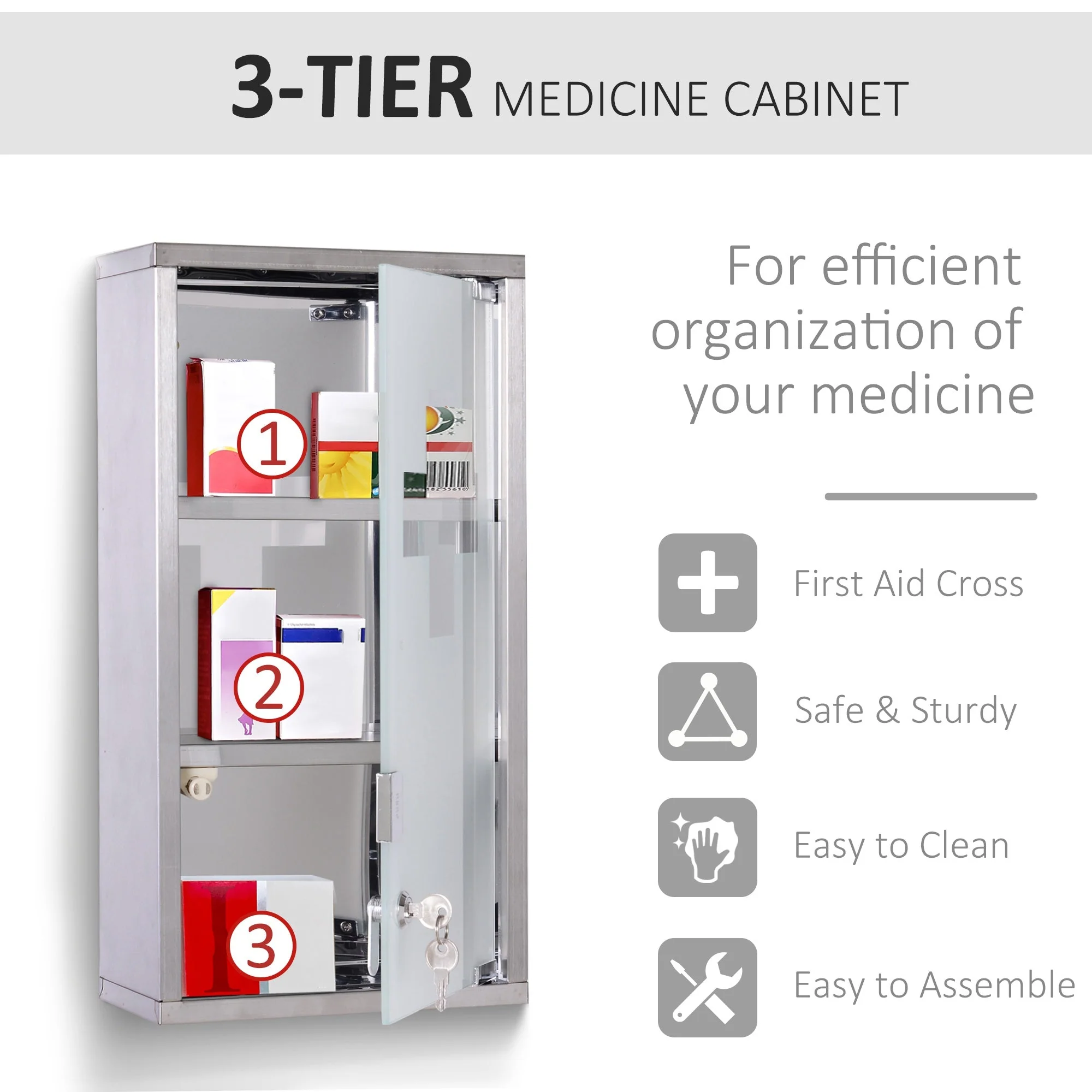 Homcom Stainless Steel wall mounted Medicine Cabinet with 2 Shelves + Security Glass Door Lockable 48 cm(H) - Image 7