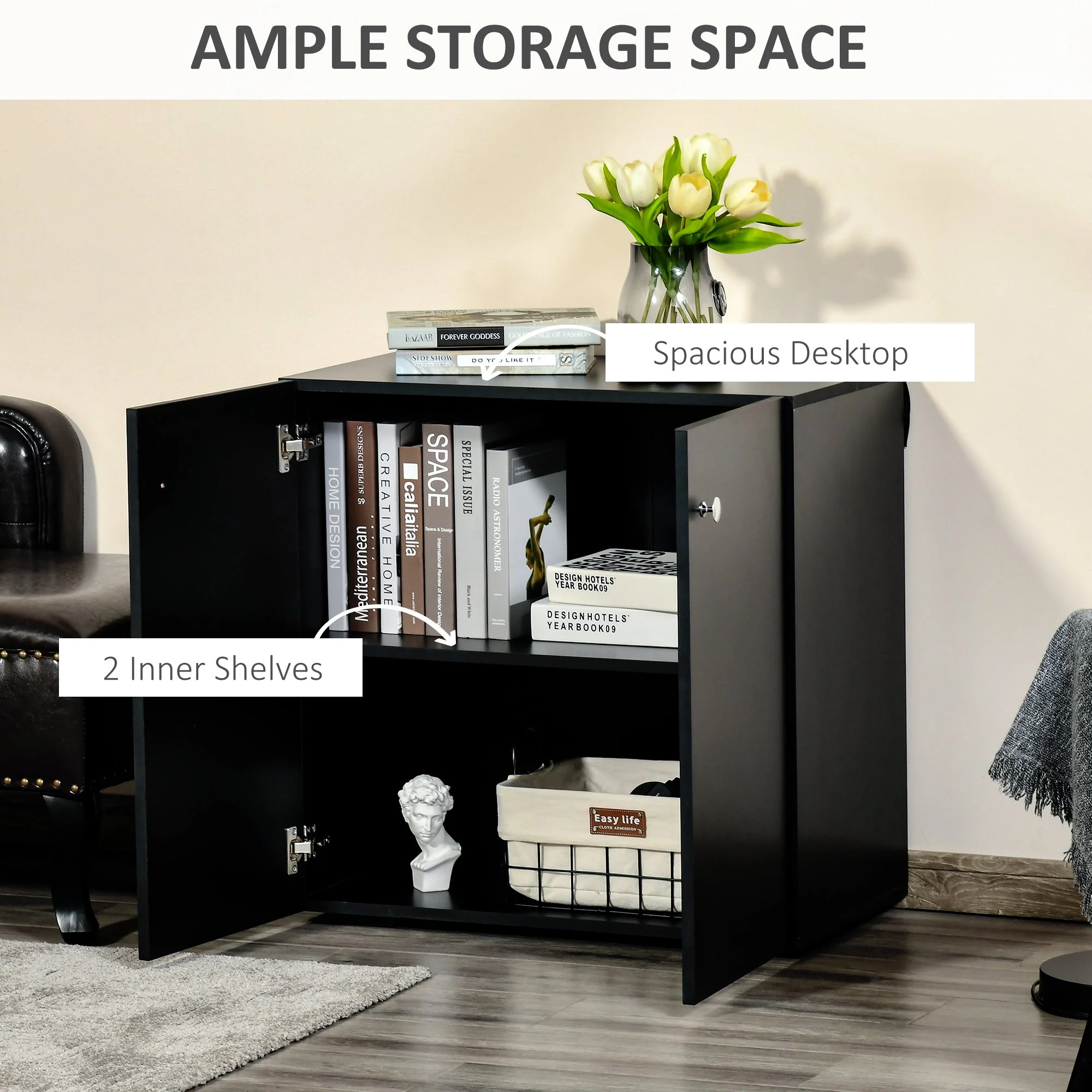 Homcom Storage Cabinet With Two Shelves Wooden Sideboard Freestanding Kitchen Cupboard Bookcase - Black - Image 4