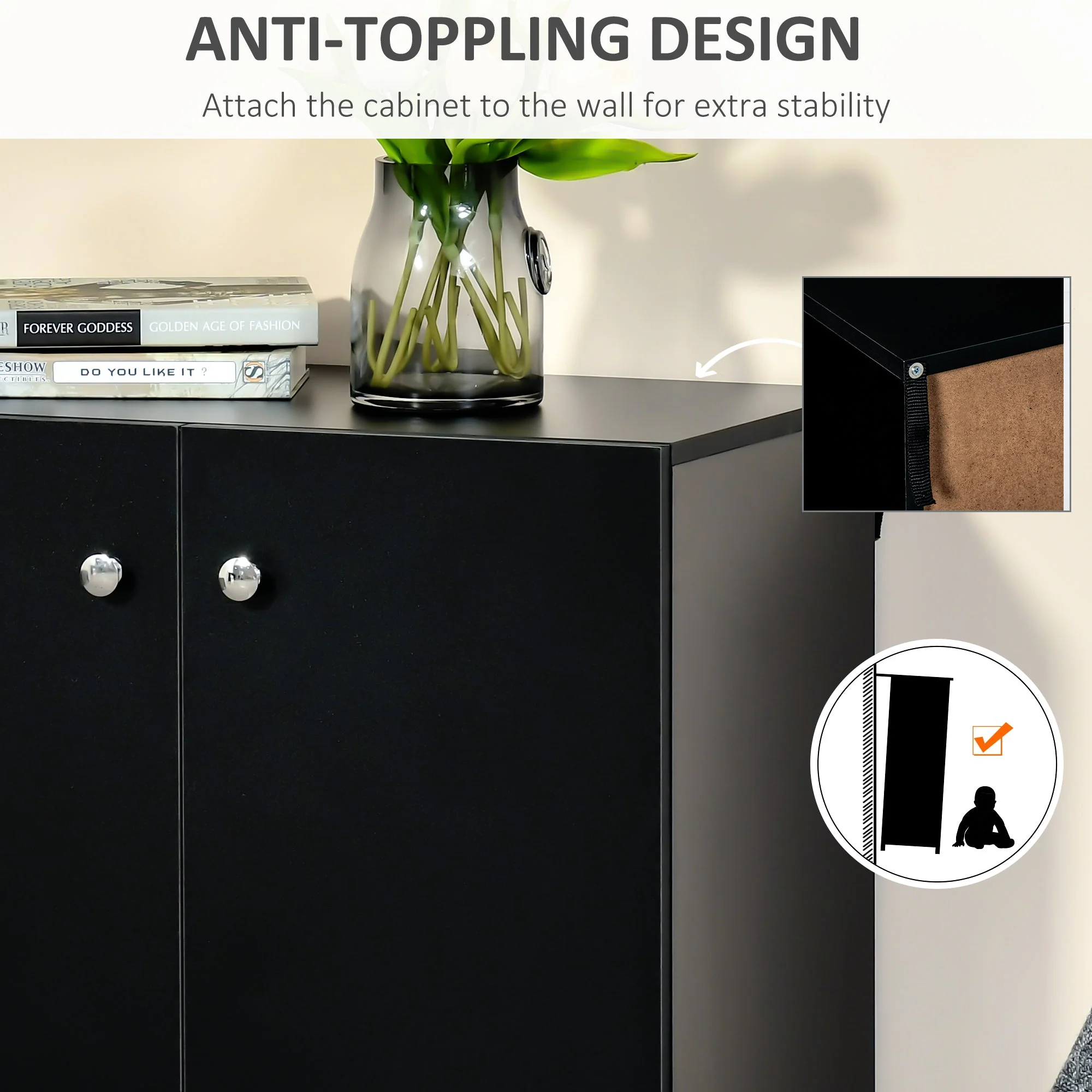 Homcom Storage Cabinet With Two Shelves Wooden Sideboard Freestanding Kitchen Cupboard Bookcase - Black - Image 5