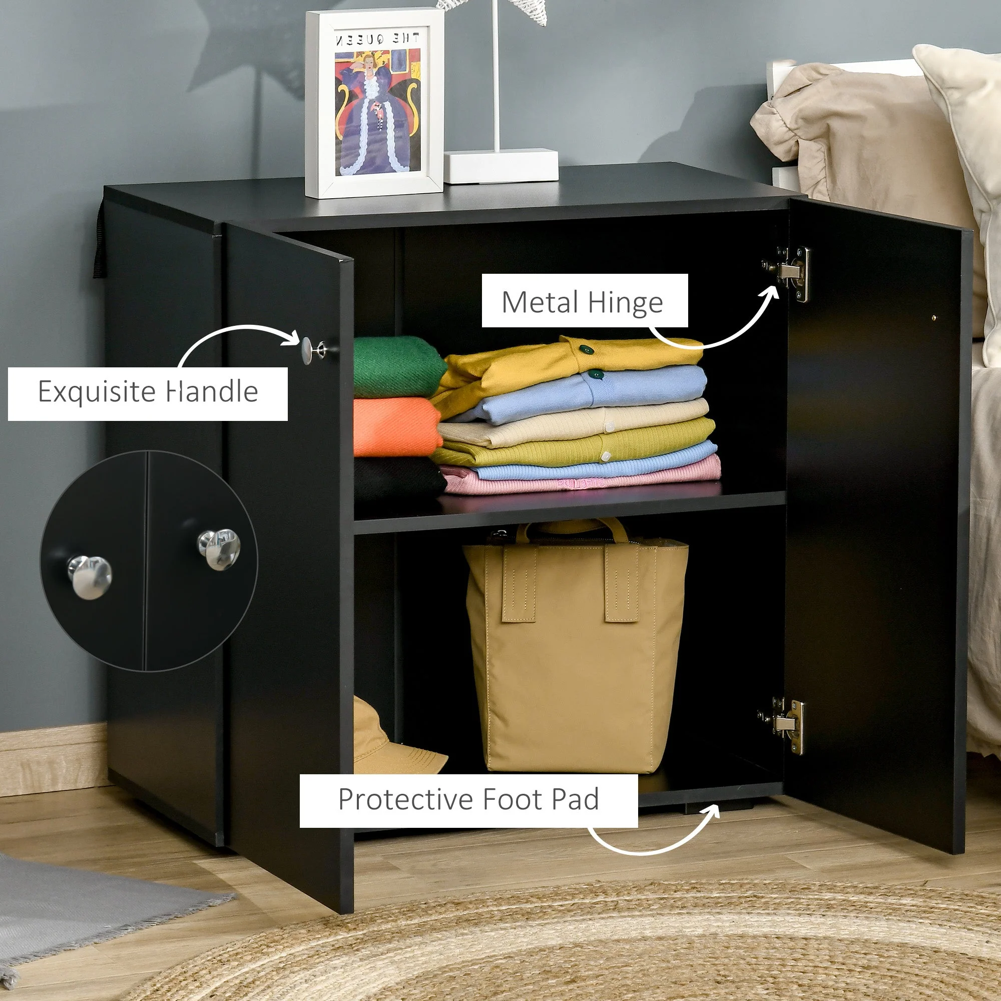 Homcom Storage Cabinet With Two Shelves Wooden Sideboard Freestanding Kitchen Cupboard Bookcase - Black - Image 6