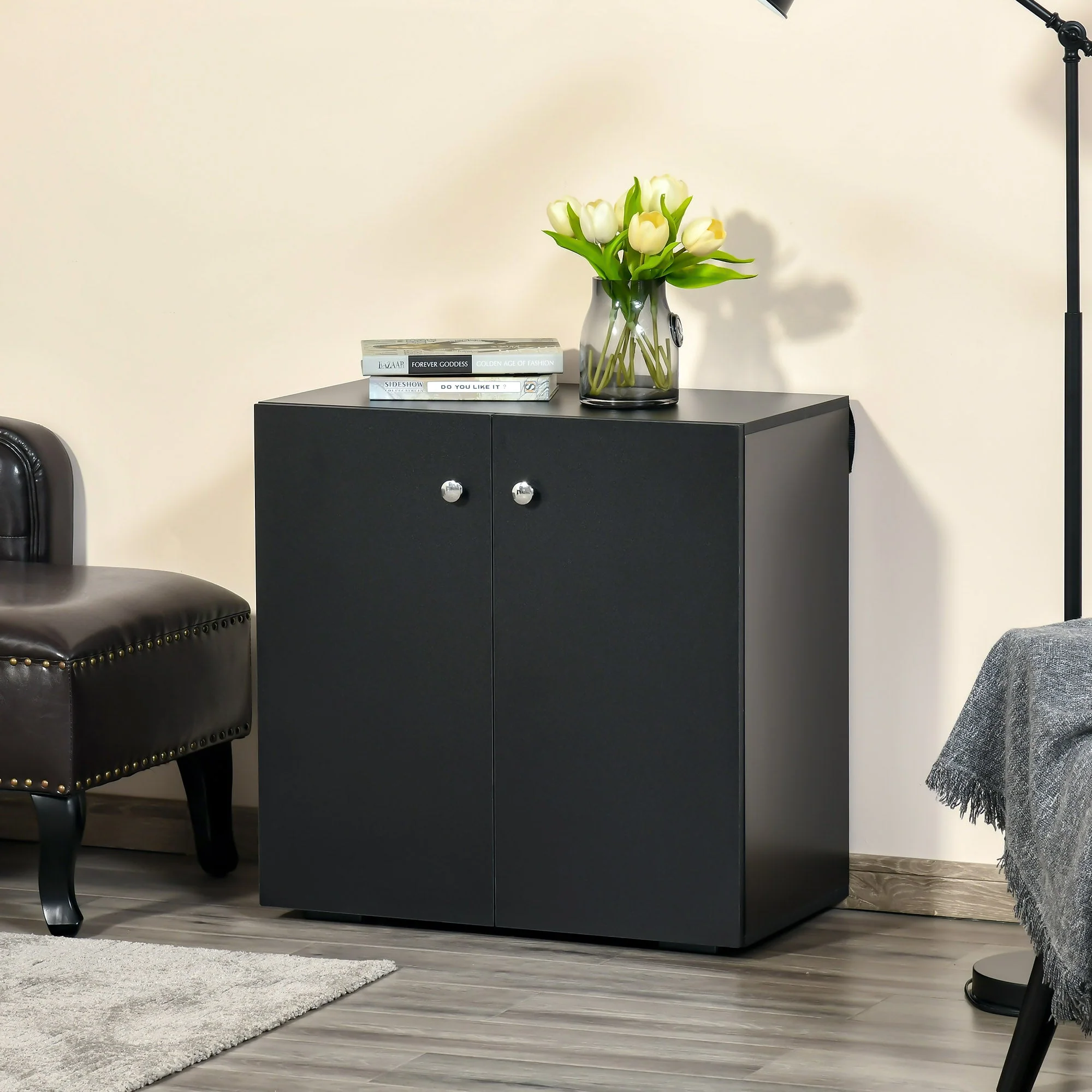 Homcom Storage Cabinet With Two Shelves Wooden Sideboard Freestanding Kitchen Cupboard Bookcase - Black - Image 9