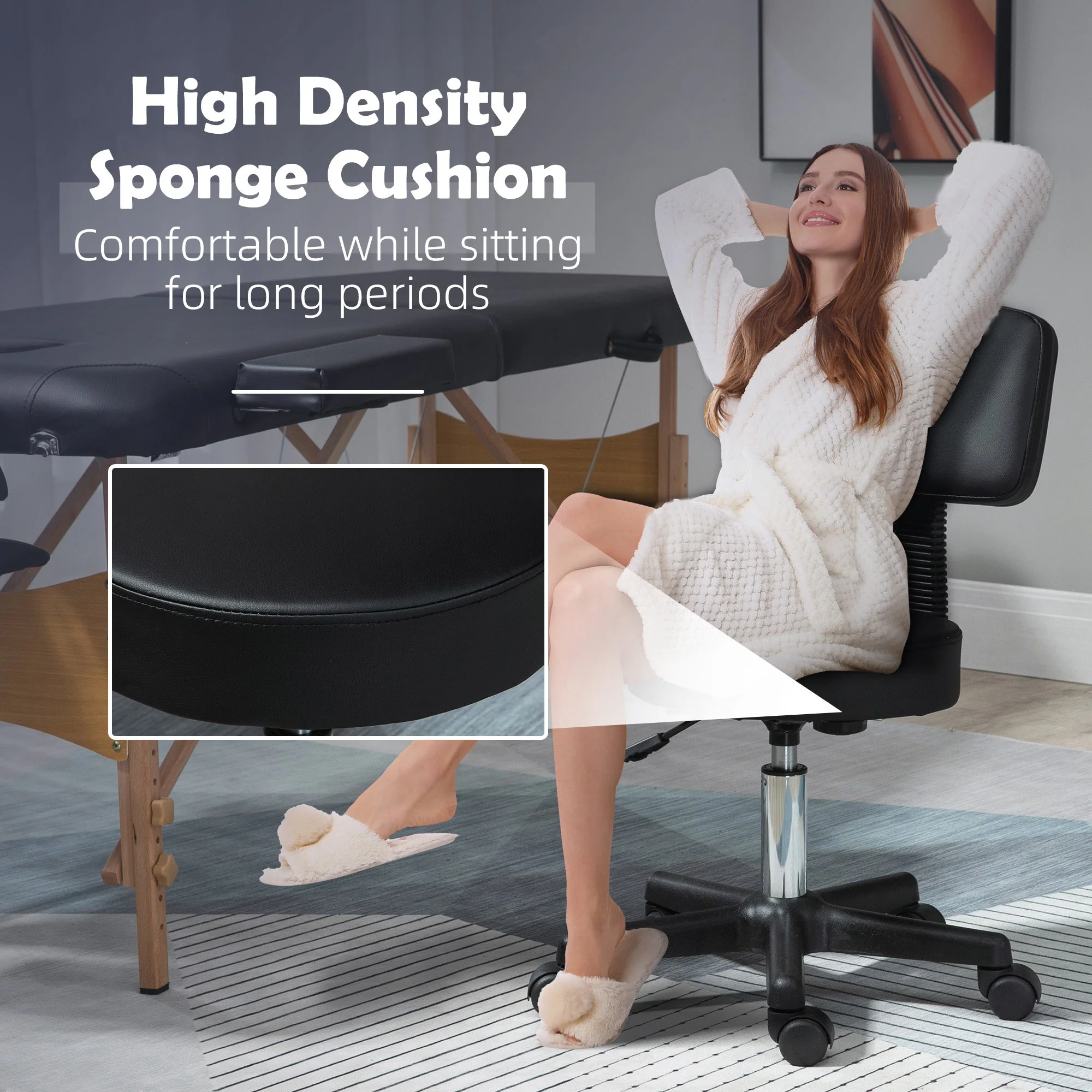 Homcom Swivel Salon Chair w/ Padded Seat Back 5 Wheels Adjustable Height Salon Hairdressers Tattoo Spa Rolling Black - Image 5