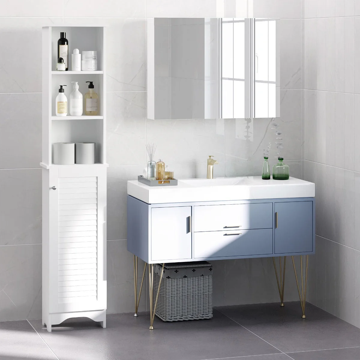 Homcom Tall Bathroom Cabinet Storage Cupboard Floor Standing Home Bathroom Furniture W/ 6 Shelves 165H X 34W X 20D cm White - Image 8