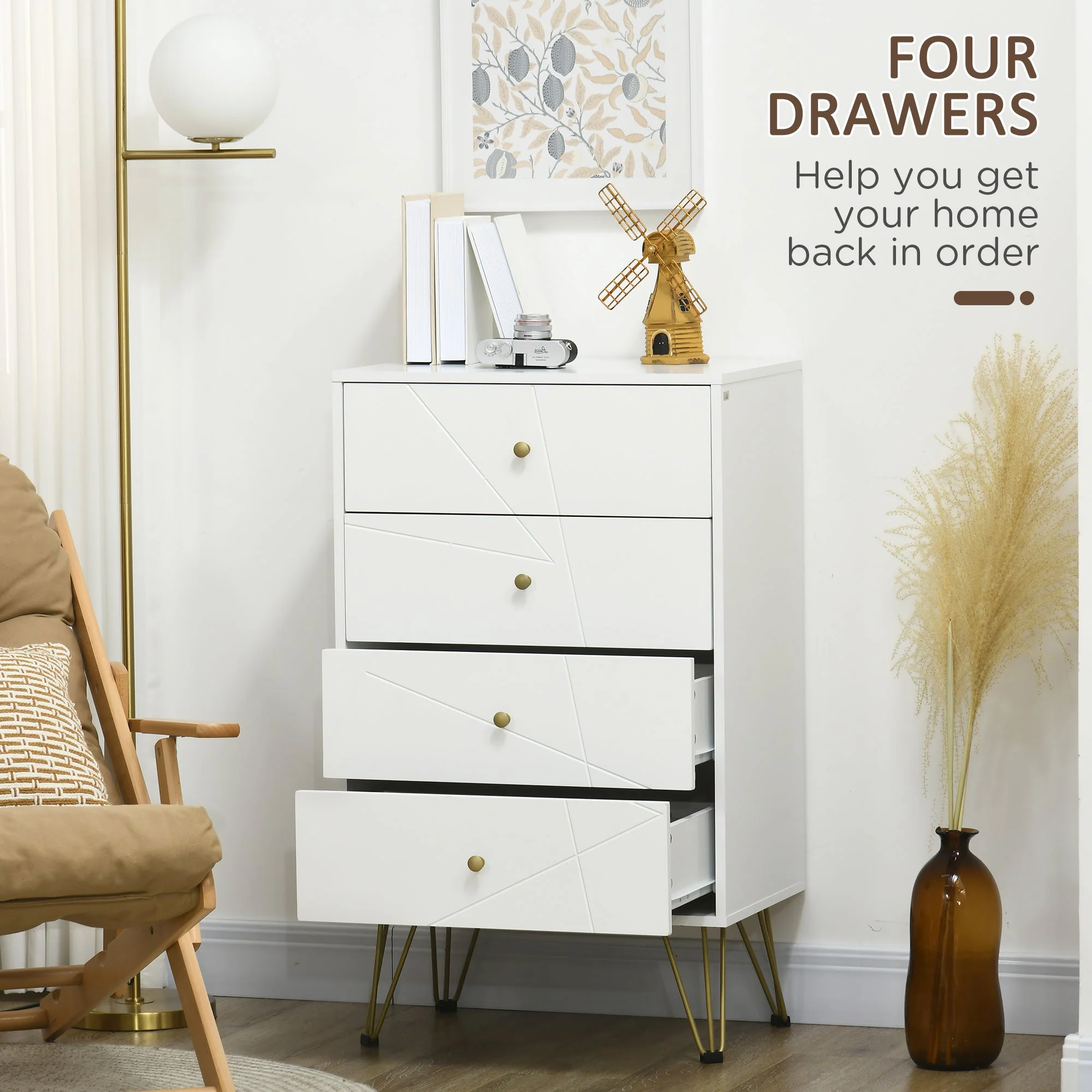 Homcom Tall Chest Of Drawers 4-Drawer Dresser For Bedroom Modern Storage Cabinets With Hairpin Legs White - Image 4