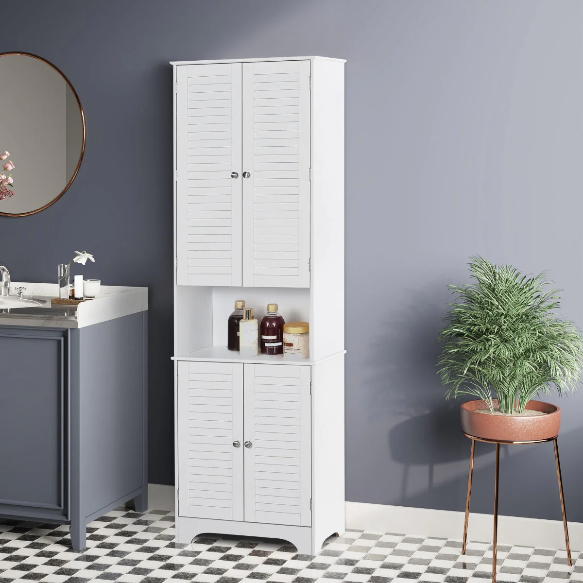 Homcom Tall Freestanding Bathroom Cabinet Retro Shutters W/ 3 Compartments Shelves Elevated Base Narrow Organiser White 60L X 30W X 182.5H cm - Image 2