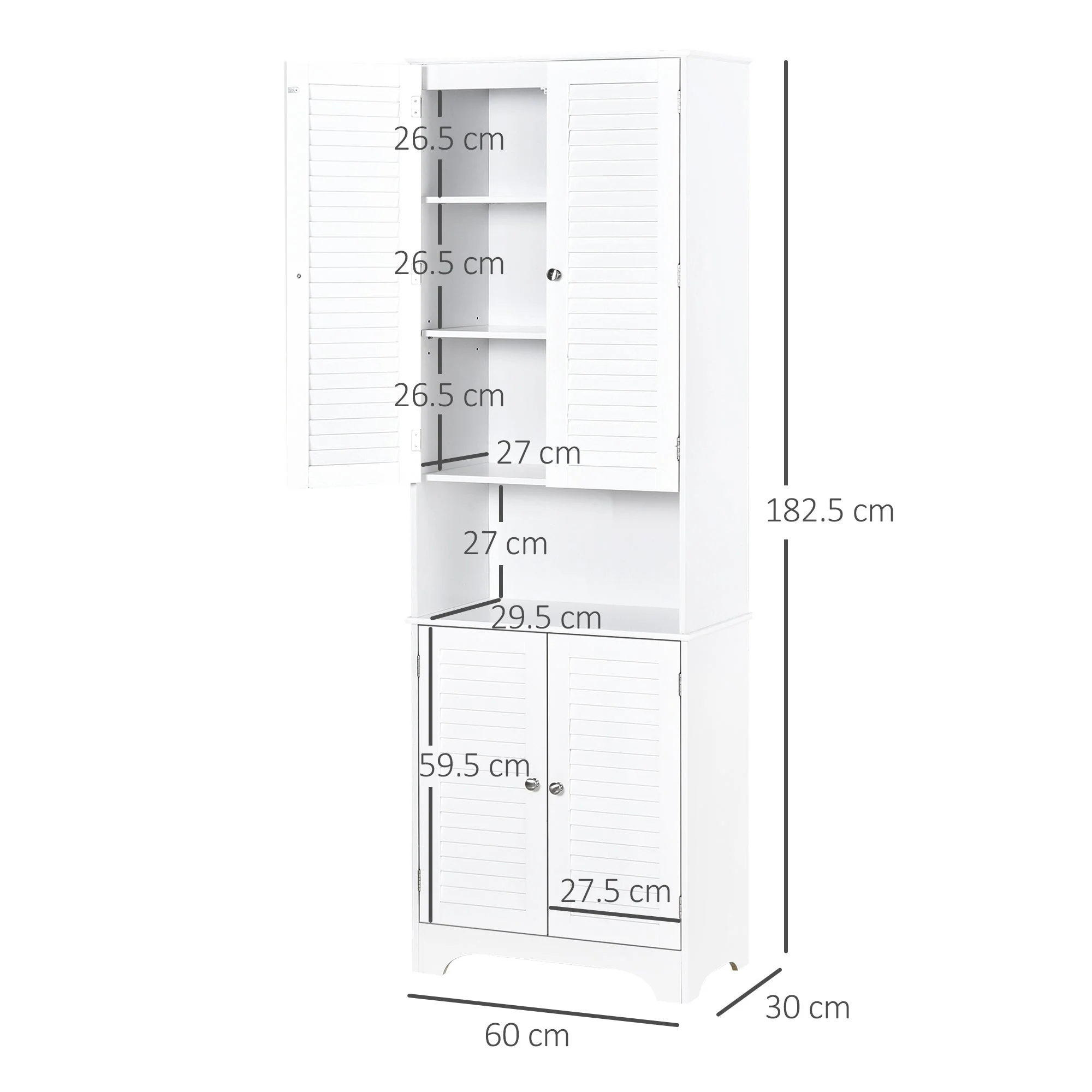 Homcom Tall Freestanding Bathroom Cabinet Retro Shutters W/ 3 Compartments Shelves Elevated Base Narrow Organiser White 60L X 30W X 182.5H cm - Image 3