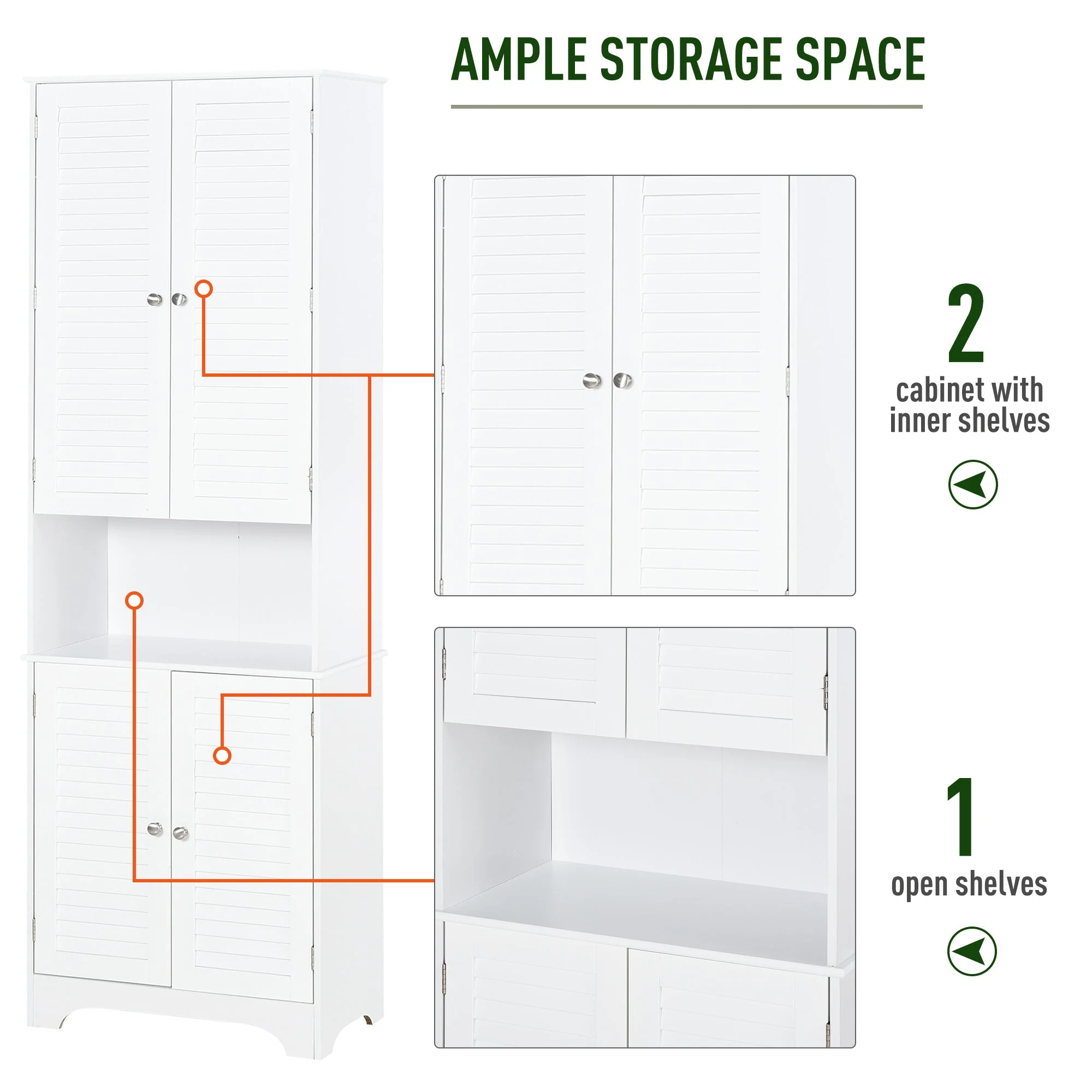 Homcom Tall Freestanding Bathroom Cabinet Retro Shutters W/ 3 Compartments Shelves Elevated Base Narrow Organiser White 60L X 30W X 182.5H cm - Image 6