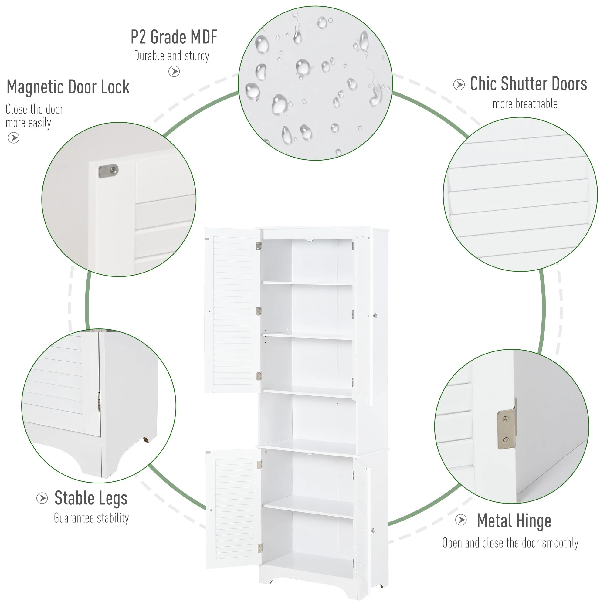 Homcom Tall Freestanding Bathroom Cabinet Retro Shutters W/ 3 Compartments Shelves Elevated Base Narrow Organiser White 60L X 30W X 182.5H cm - Image 7