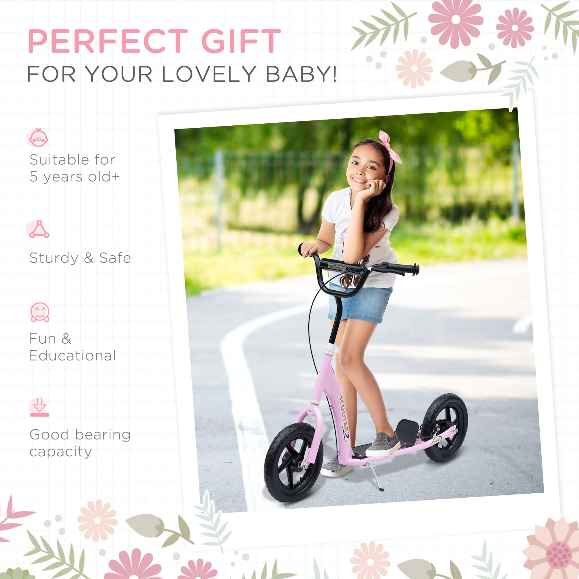 Homcom Teen Push Scooter Kids Children Stunt Scooter Bike Bicycle Ride On 12" Eva Tyres Pink - Image 4