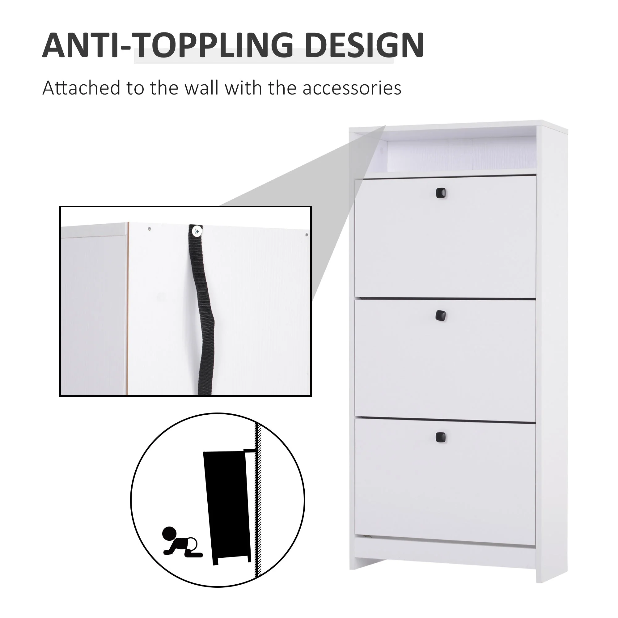 Homcom Three-Tipping Drawer Shoe Storage Cabinet - White - Image 3