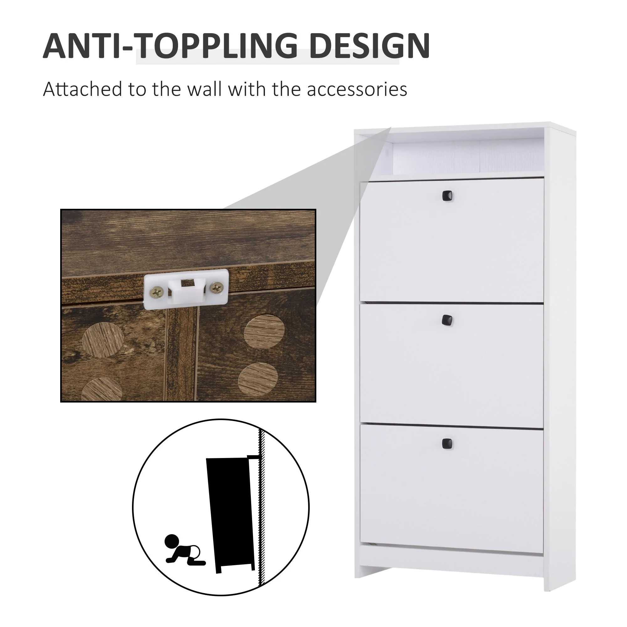 Homcom Three-Tipping Drawer Shoe Storage Cabinet - White - Image 4