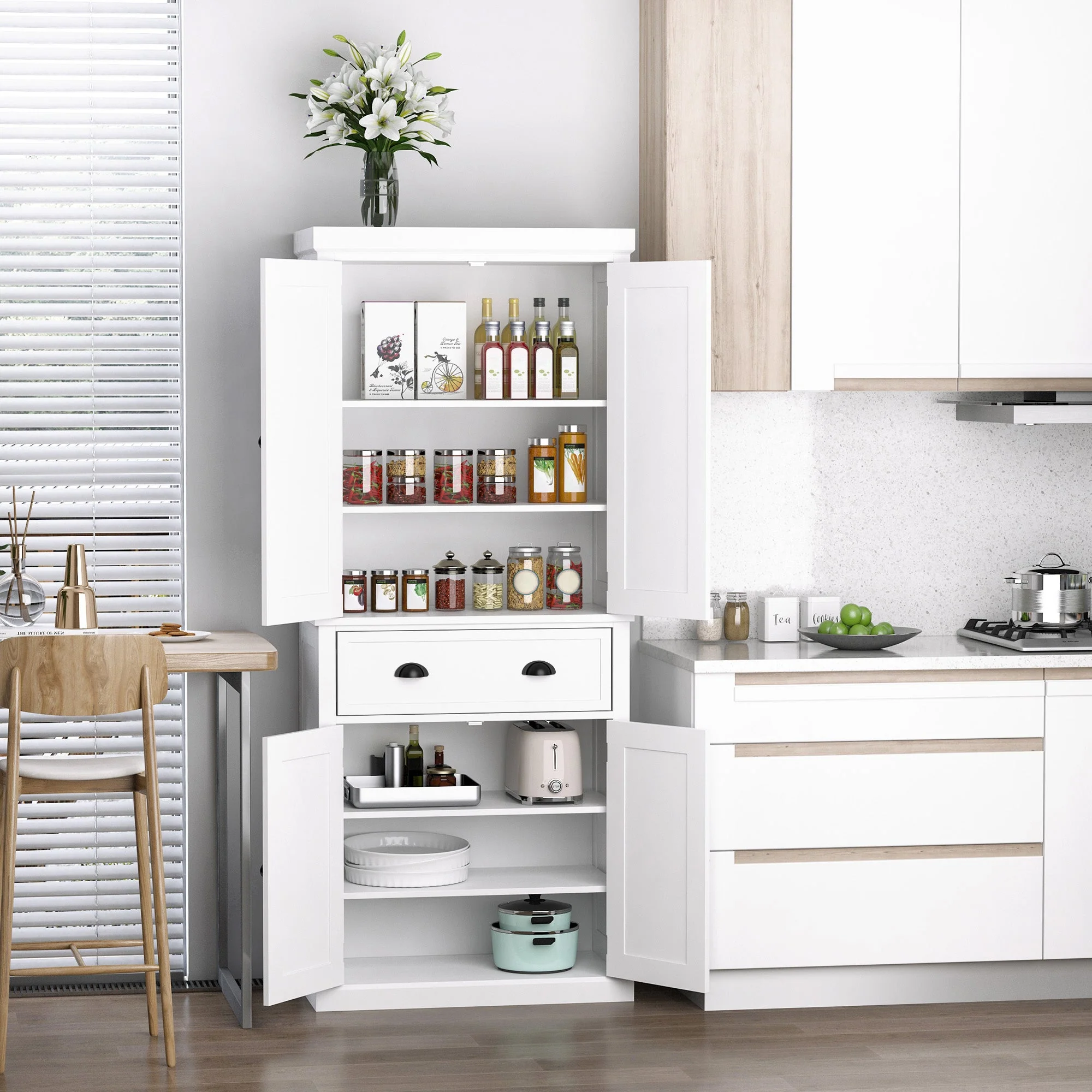 Homcom Traditional Colonial Freestanding Kitchen Cupboard - Image 8