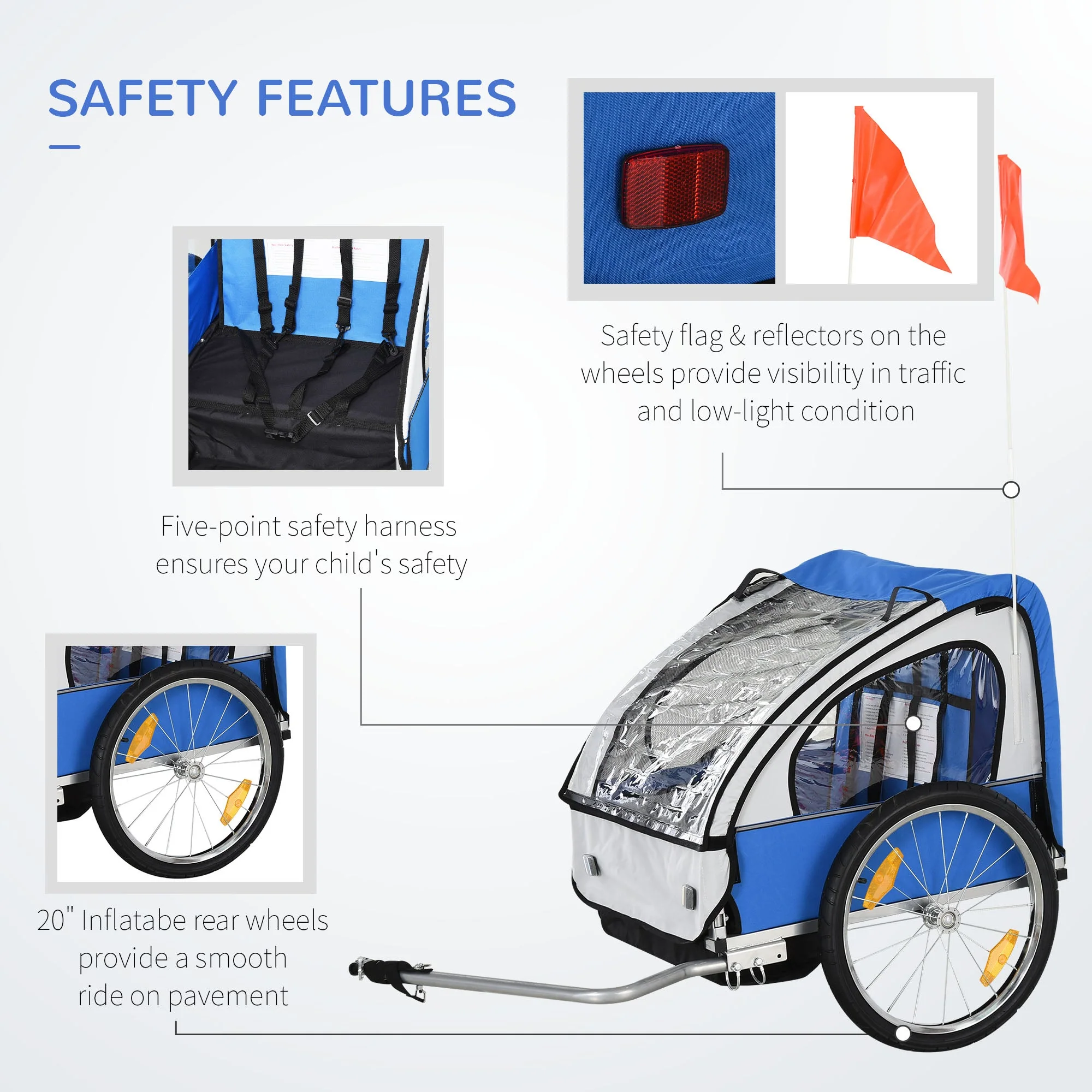 Homcom Trailer for Kids Steel Frame Children's 2-Seater Bicycle Trailer Blue - Image 5