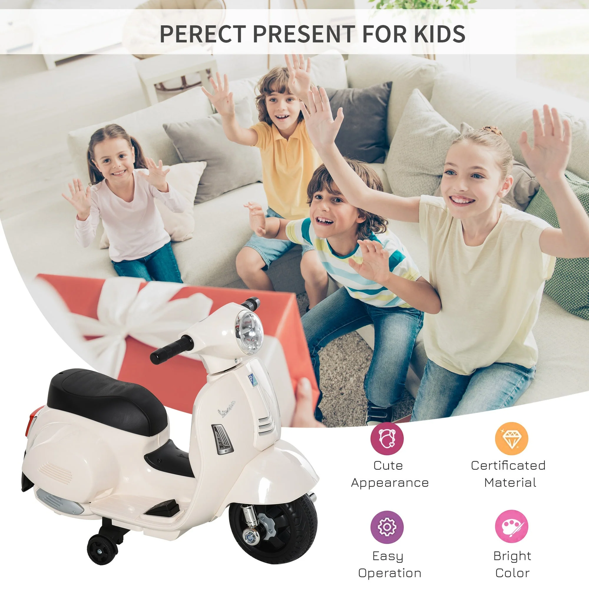 Homcom Vespa Licensed Kids Ride On Motorcycle 6V Battery Powered Electric Toys - Image 3