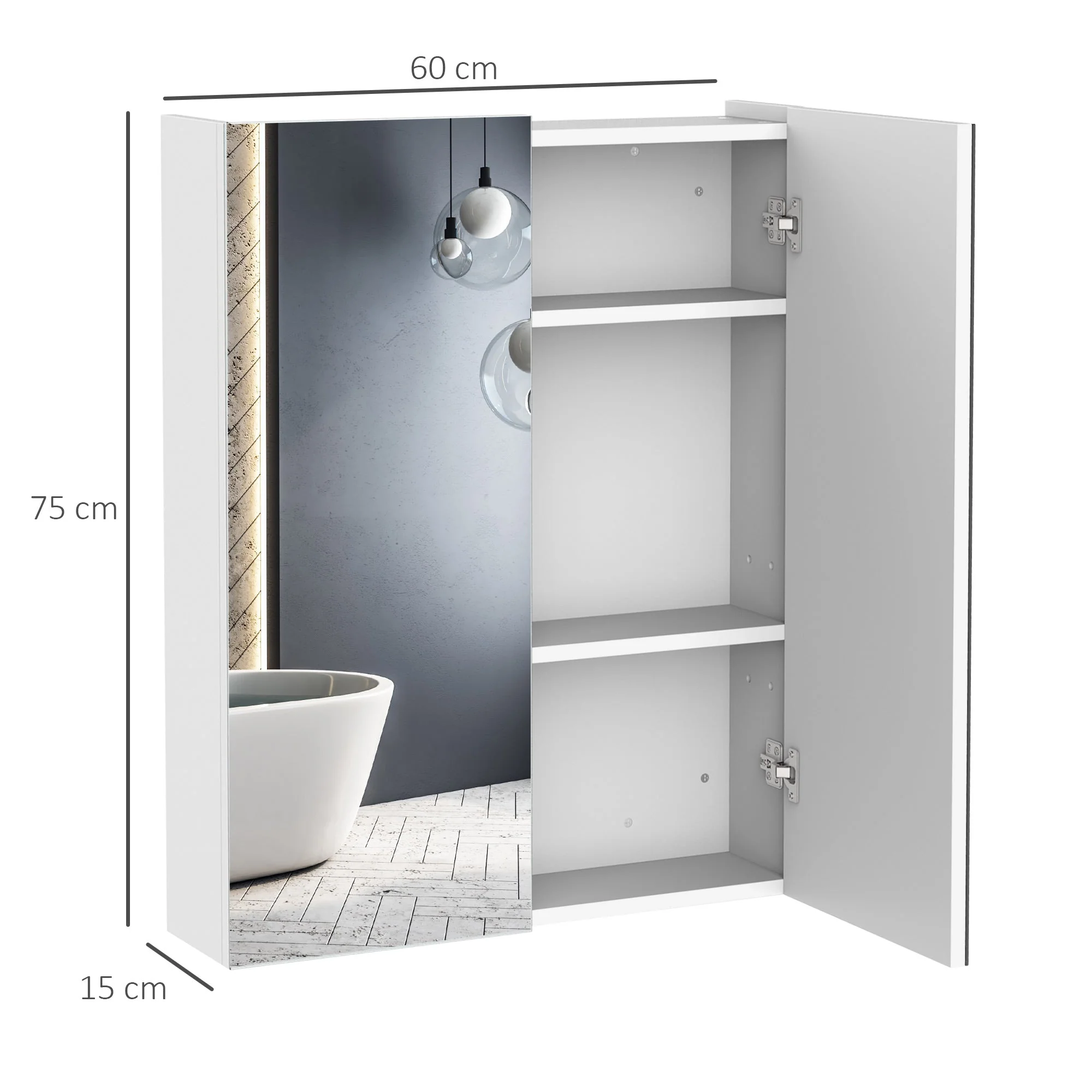 Homcom Wall Mount Mirror Cabinet Wood Bathroom Storage Shelf Double Door Cupboard Adjustable (60Wx15Dx75H (cm)) - Image 3