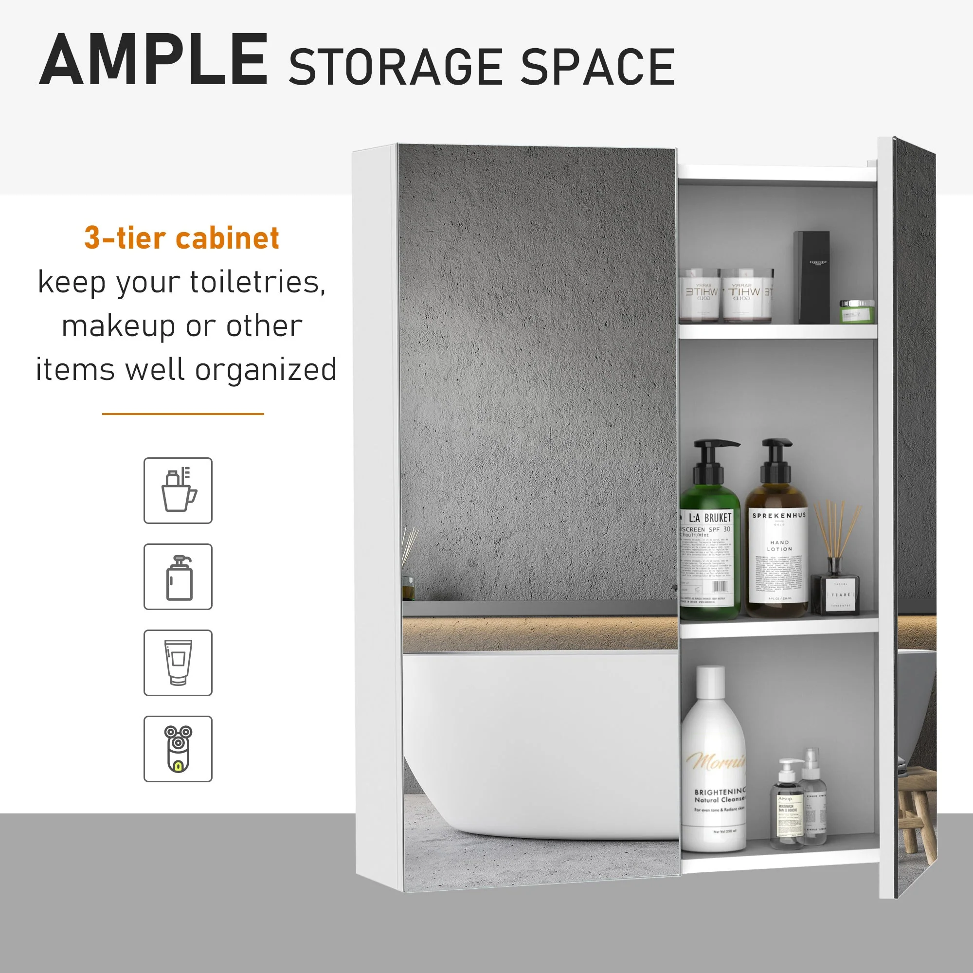 Homcom Wall Mount Mirror Cabinet Wood Bathroom Storage Shelf Double Door Cupboard Adjustable (60Wx15Dx75H (cm)) - Image 5