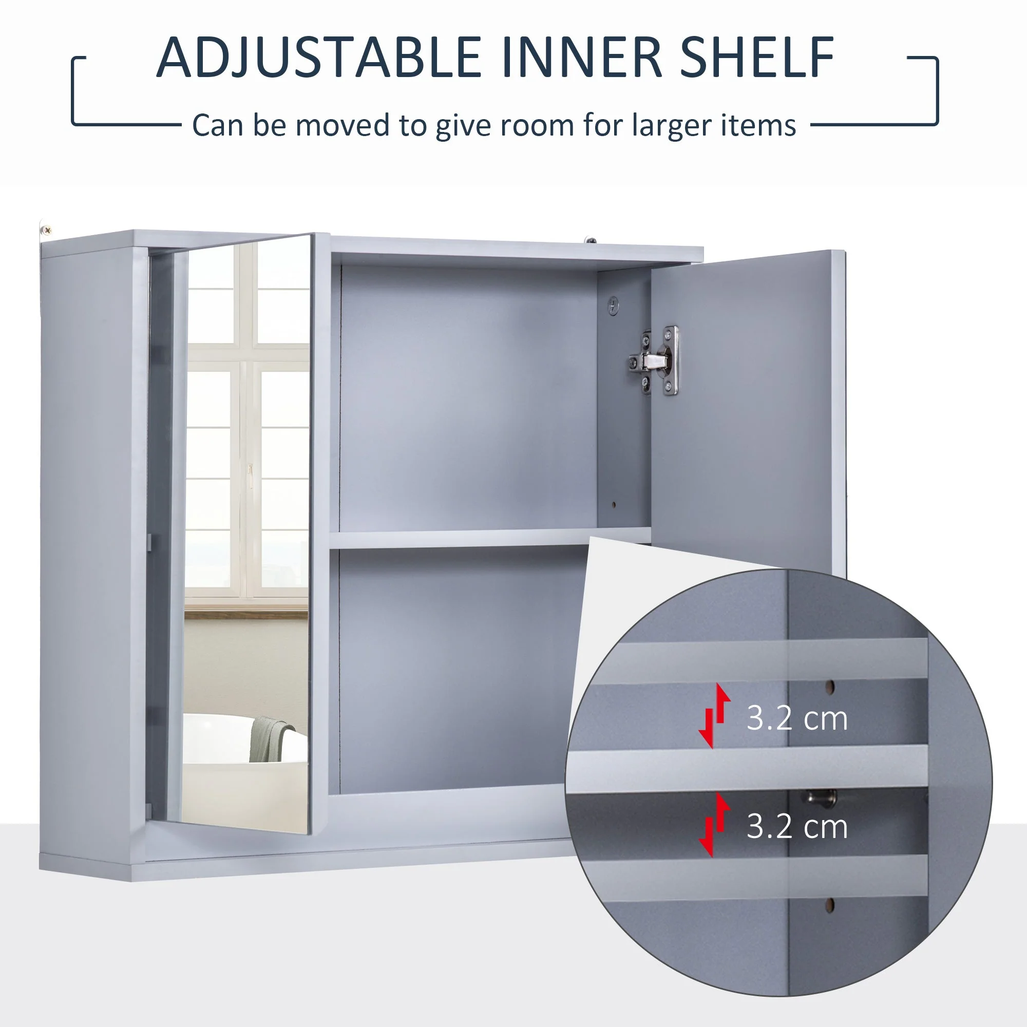 Homcom Wall Mounted Mirror Cabinet with Storage Shelf Bathroom Cupboard Double Door Grey - Image 4
