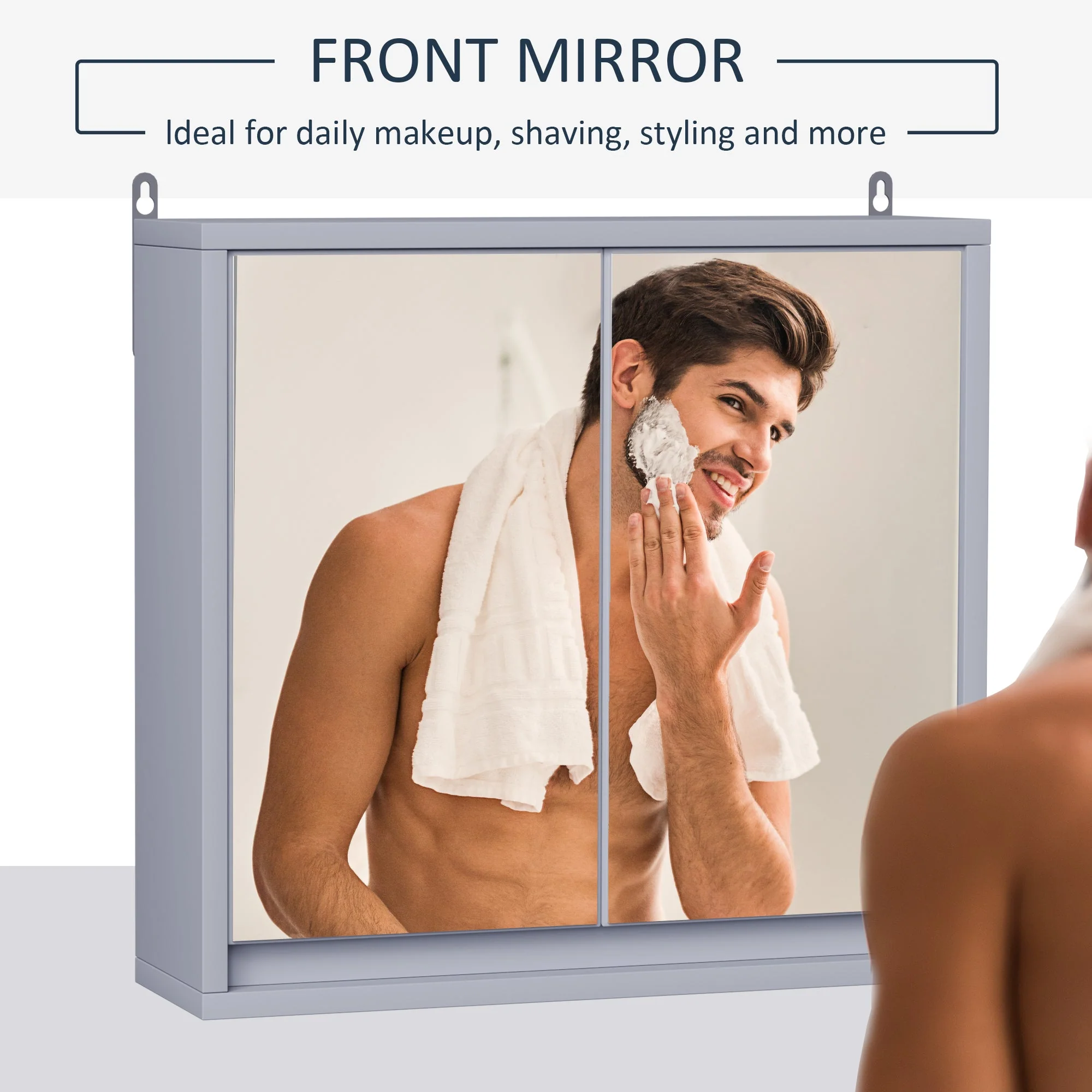 Homcom Wall Mounted Mirror Cabinet with Storage Shelf Bathroom Cupboard Double Door Grey - Image 5