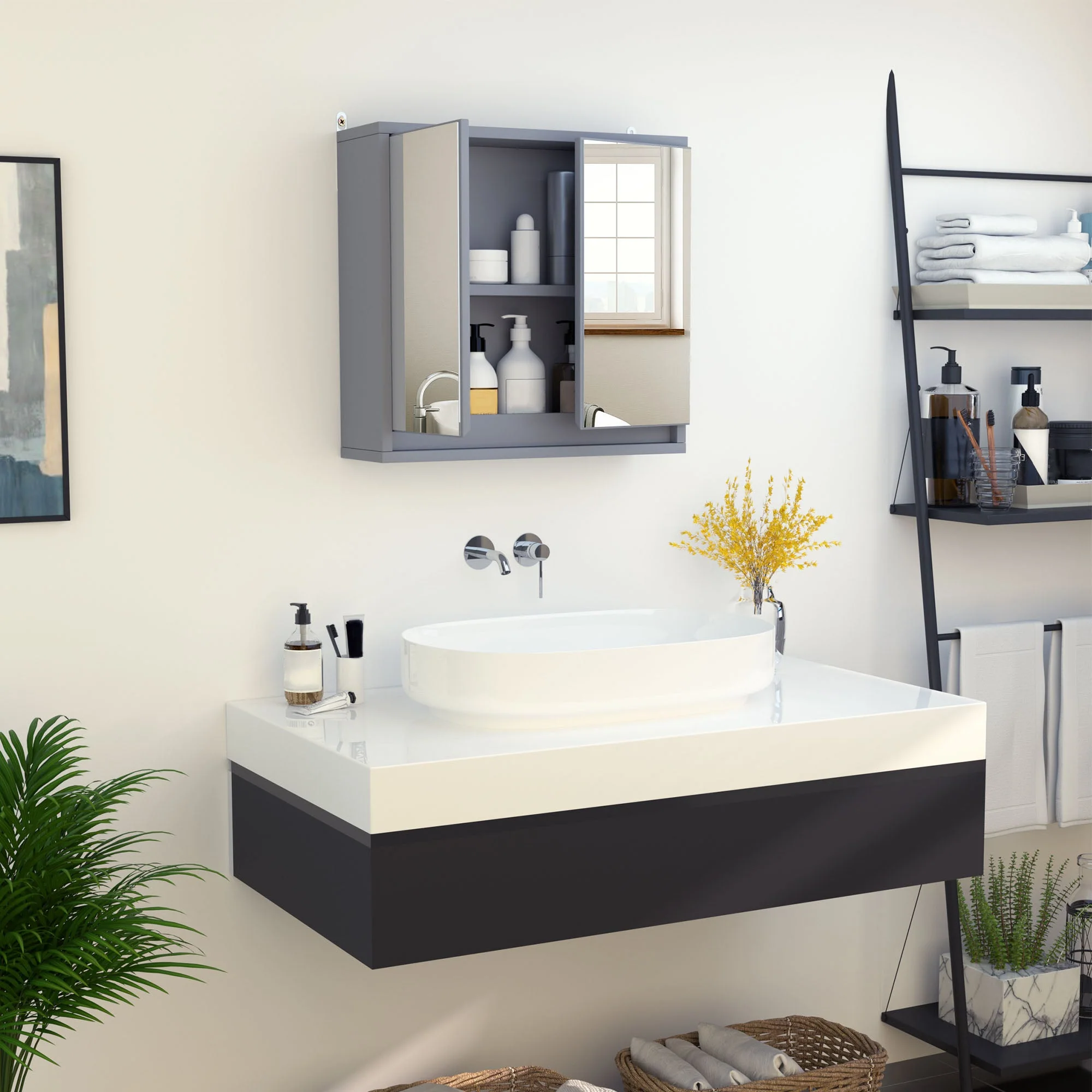 Homcom Wall Mounted Mirror Cabinet with Storage Shelf Bathroom Cupboard Double Door Grey - Image 6