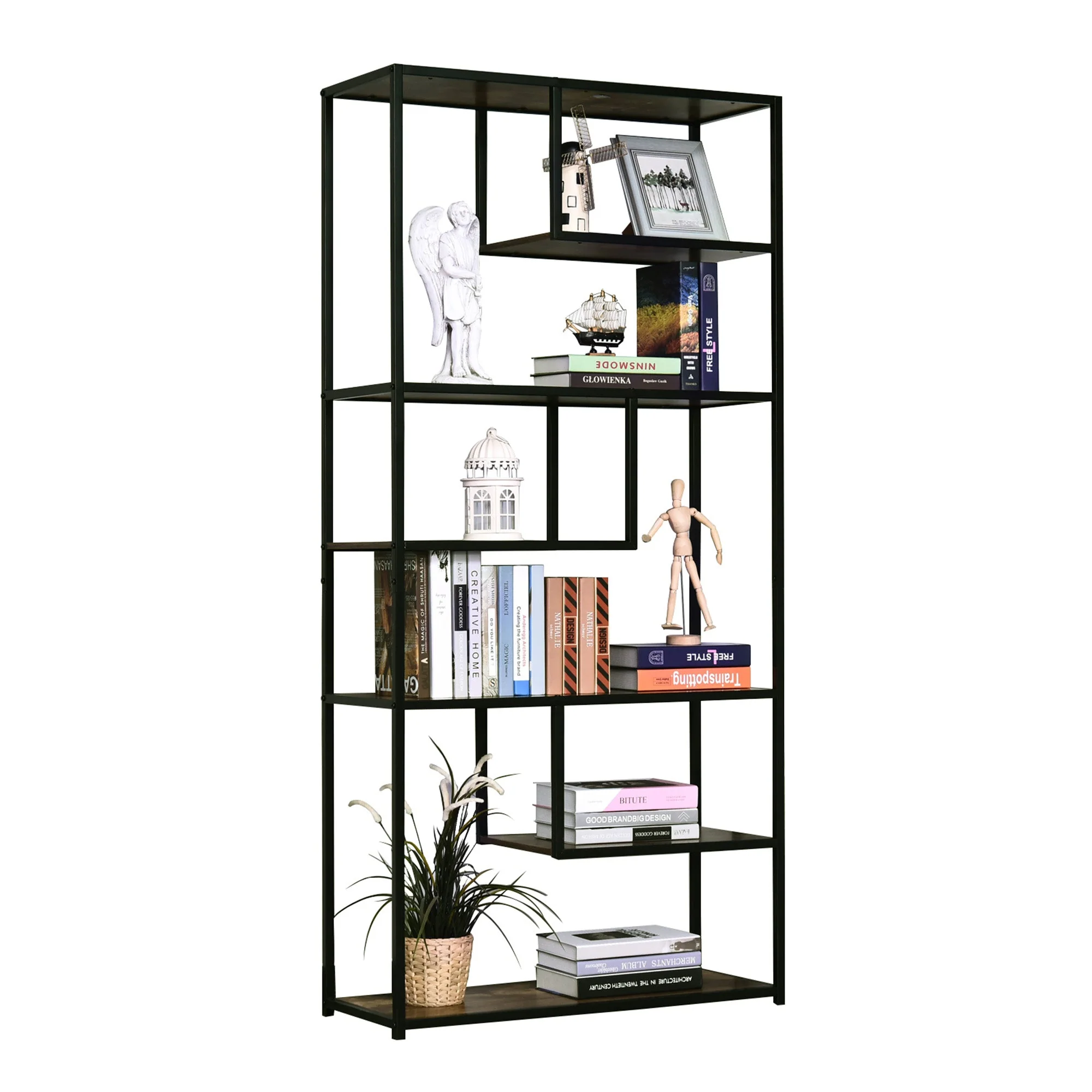 Homcom Wood Shelf Bookcase Industrial Style Stand 6-Staggered Shelf Living Room Display Rack Organiser - Image 2