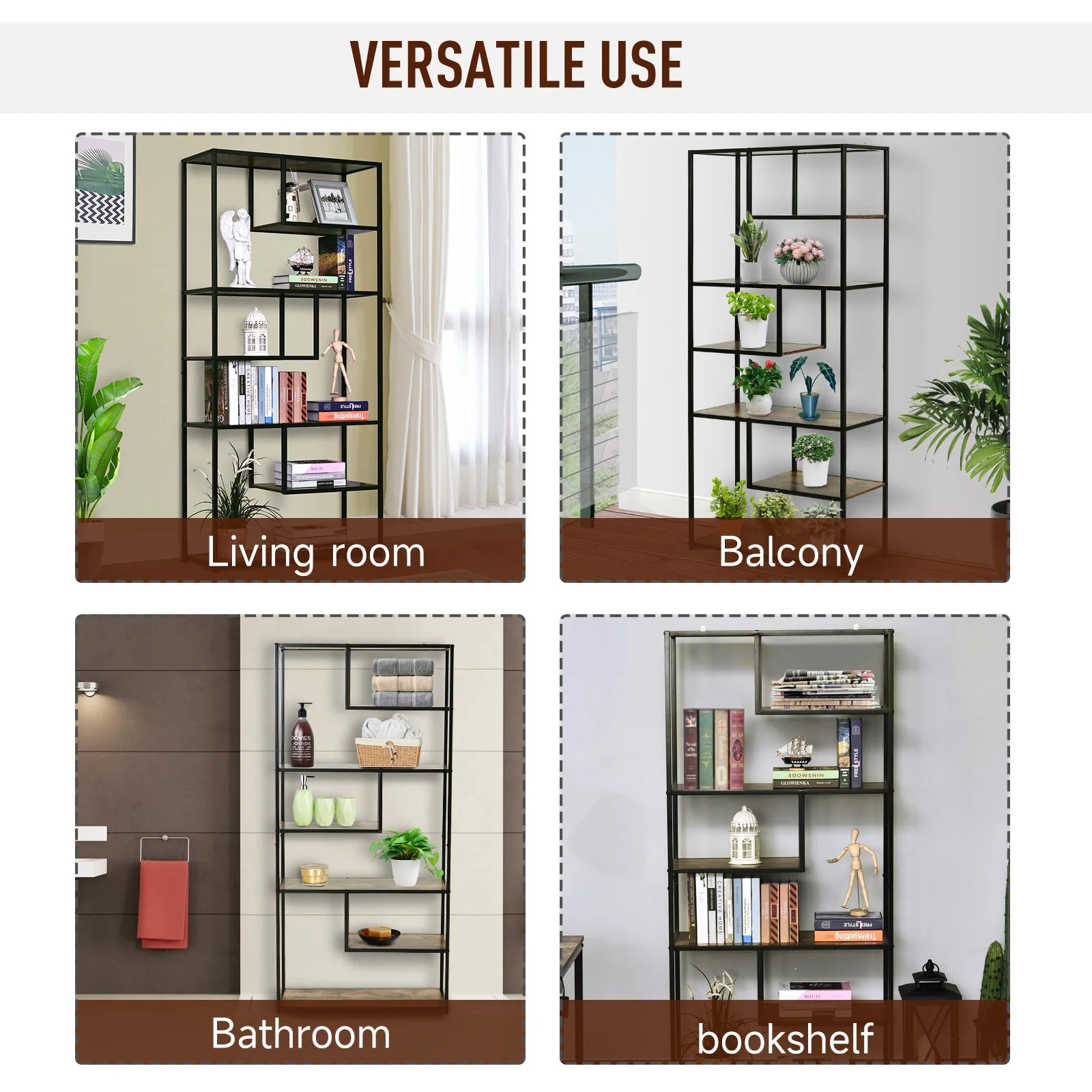 Homcom Wood Shelf Bookcase Industrial Style Stand 6-Staggered Shelf Living Room Display Rack Organiser - Image 4