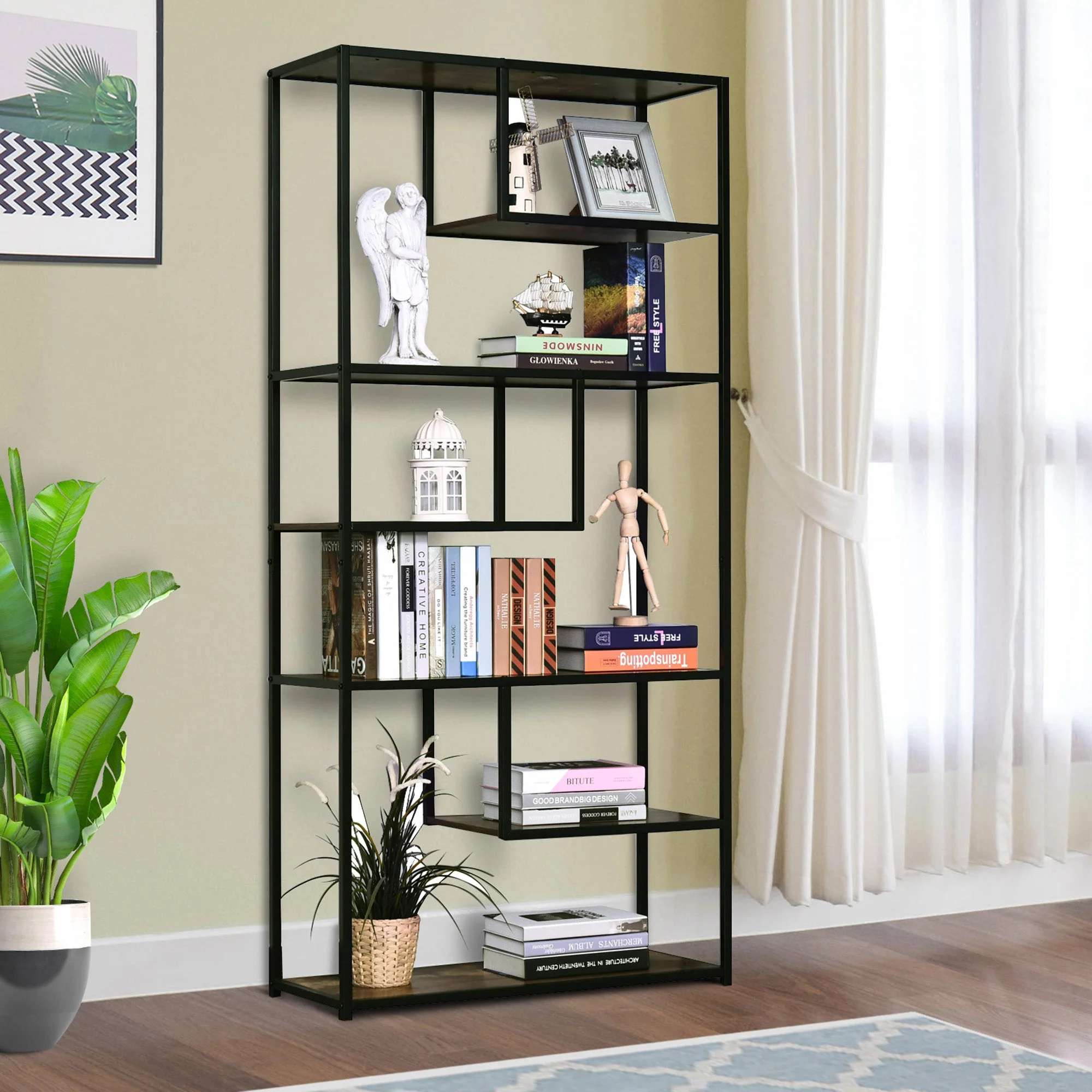 Homcom Wood Shelf Bookcase Industrial Style Stand 6-Staggered Shelf Living Room Display Rack Organiser - Image 9