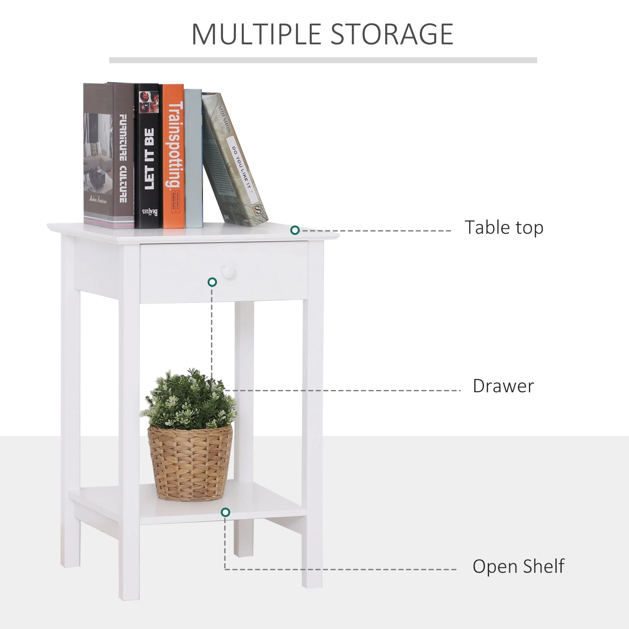 Homcom Wooden Bedside Table Cabinet With Drawer Shelf Storage End Side White Multipurpose Bedroom Night Stand - Image 4