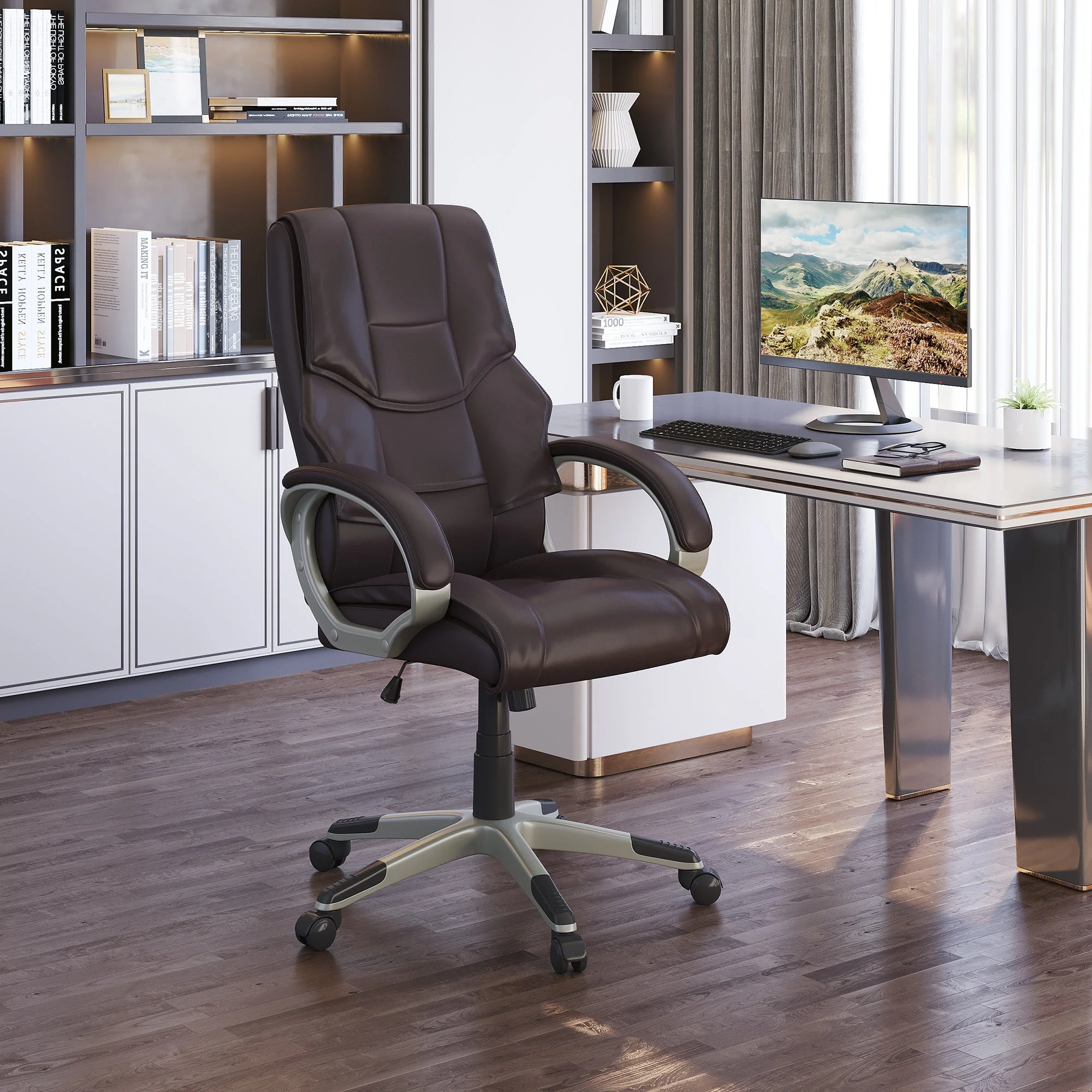 Home Office Chair High Back Computer Desk Chair with Faux Leather Adjustable Height Rocking Function Brown - Image 2