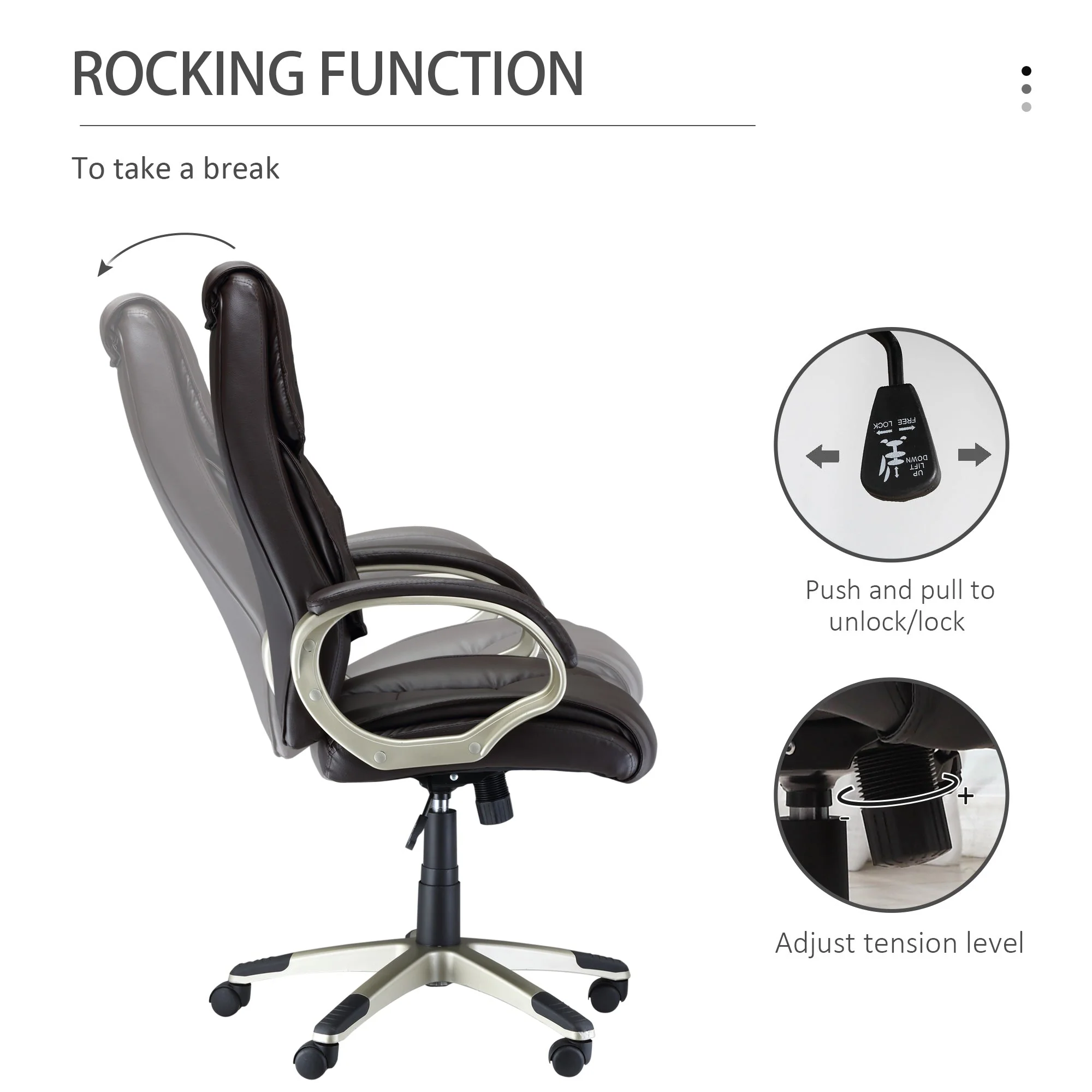 Home Office Chair High Back Computer Desk Chair with Faux Leather Adjustable Height Rocking Function Brown - Image 5