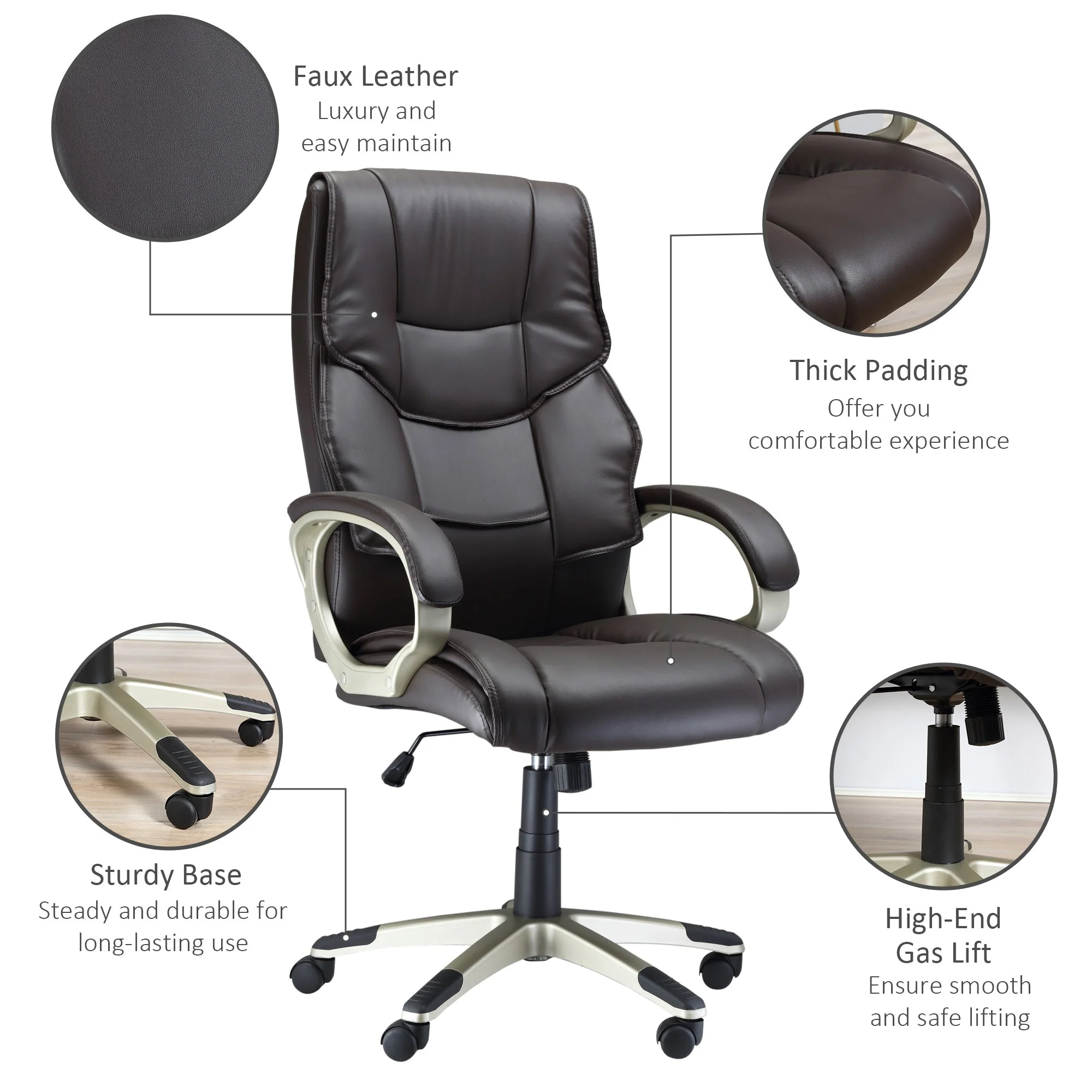 Home Office Chair High Back Computer Desk Chair with Faux Leather Adjustable Height Rocking Function Brown - Image 7