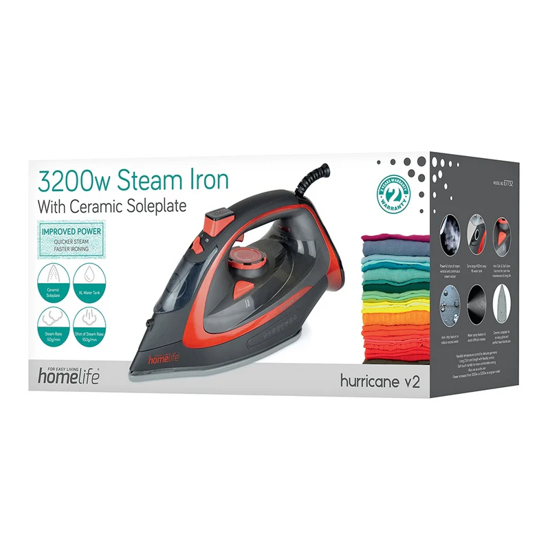 Hurricane Steam Iron with Ceramic Soleplate Black And Red - 3200W - Image 2