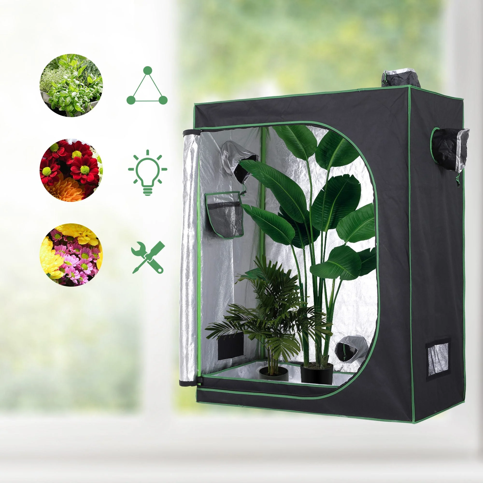 Hydroponic Plant Grow Tent Canopy Indoor Reflective Mylar Green Room 600D Oxford 120L x60W x150H cm Silver - Image 2