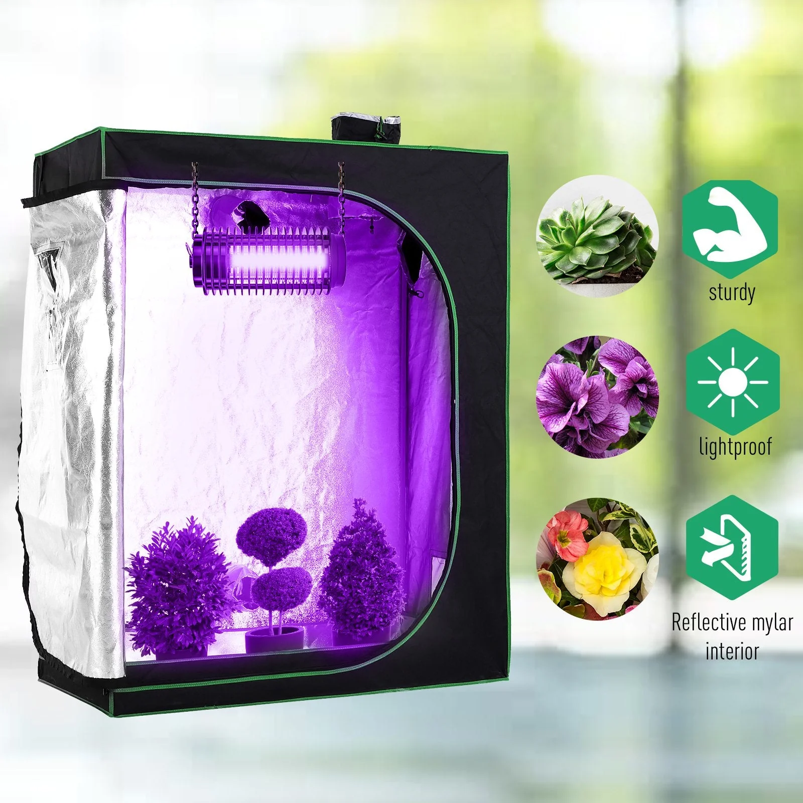 Hydroponic Plant Grow Tent Canopy Indoor Reflective Mylar Green Room 600D Oxford 120L x60W x150H cm Silver - Image 7