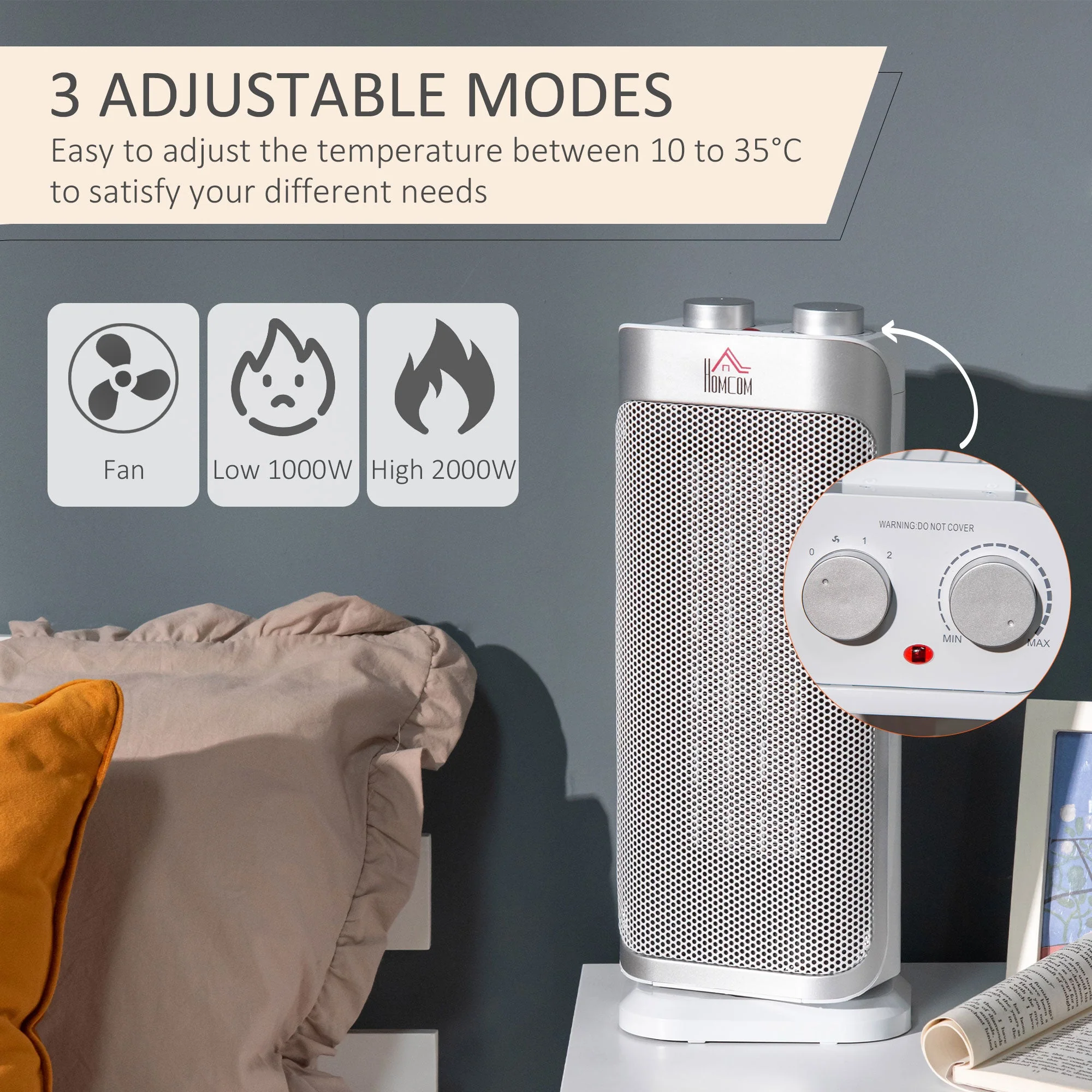 Indoor Space Heater Oscillating Ceramic Heater w/ Adjustable Modes 1000W/2000W - Image 4