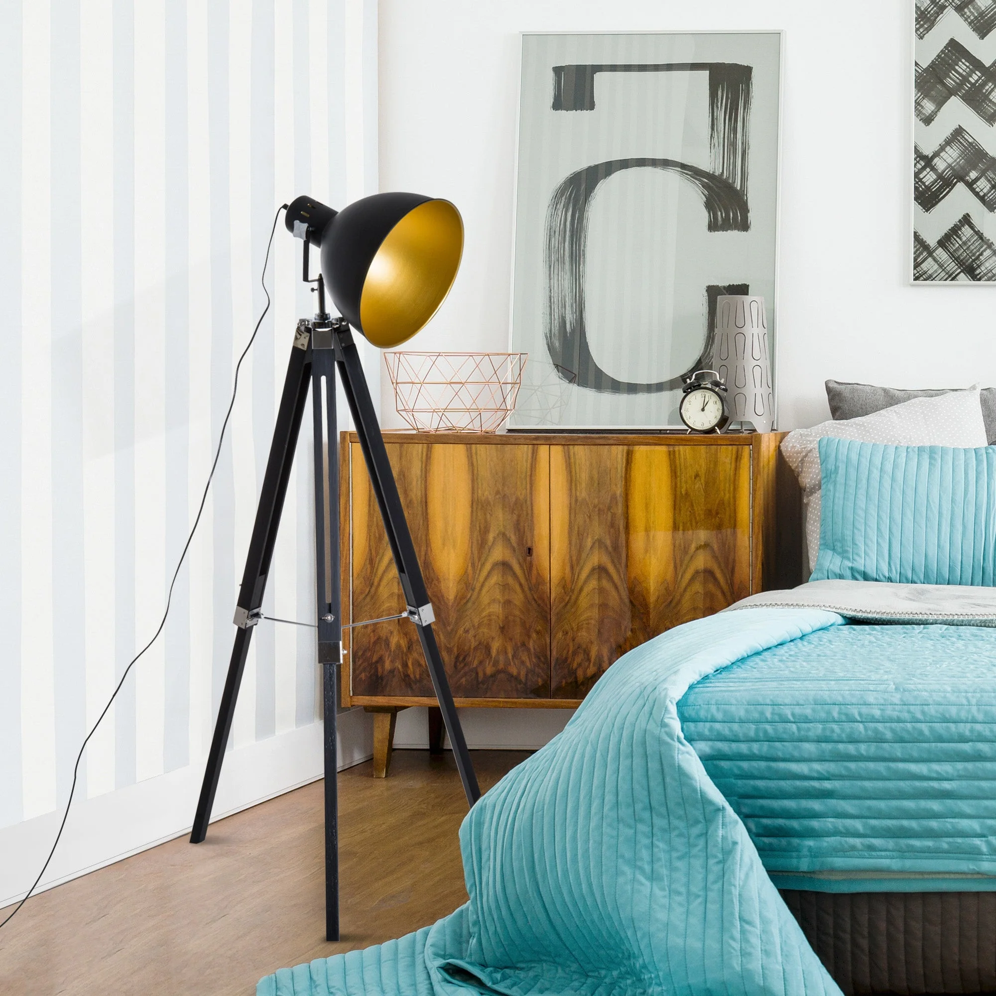 Industrial Floor Lamp for Living Room Tripod Spotlight Reading Lamp w/Wood Legs Metal Shade Adjustable Height Angle for Bedroom Home Office Black and Gold - Image 2