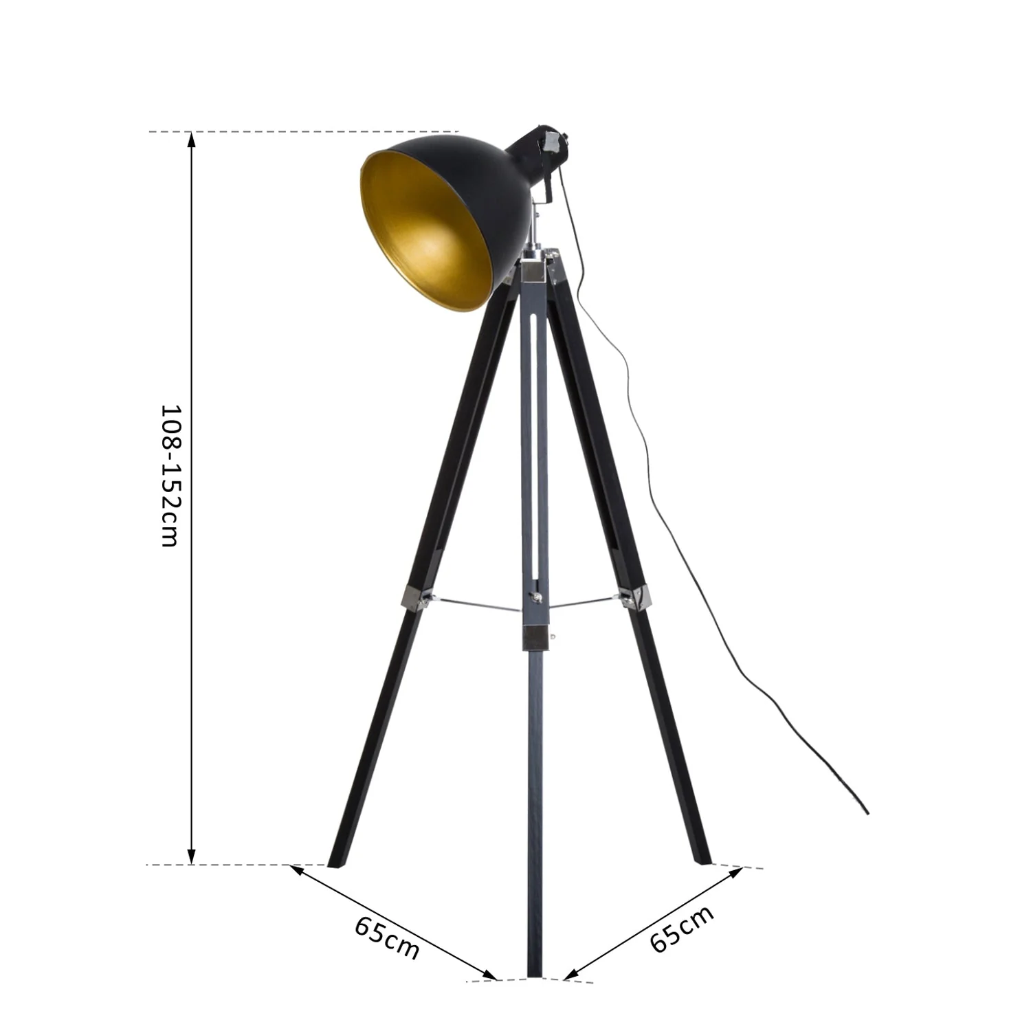 Industrial Floor Lamp for Living Room Tripod Spotlight Reading Lamp w/Wood Legs Metal Shade Adjustable Height Angle for Bedroom Home Office Black and Gold - Image 3