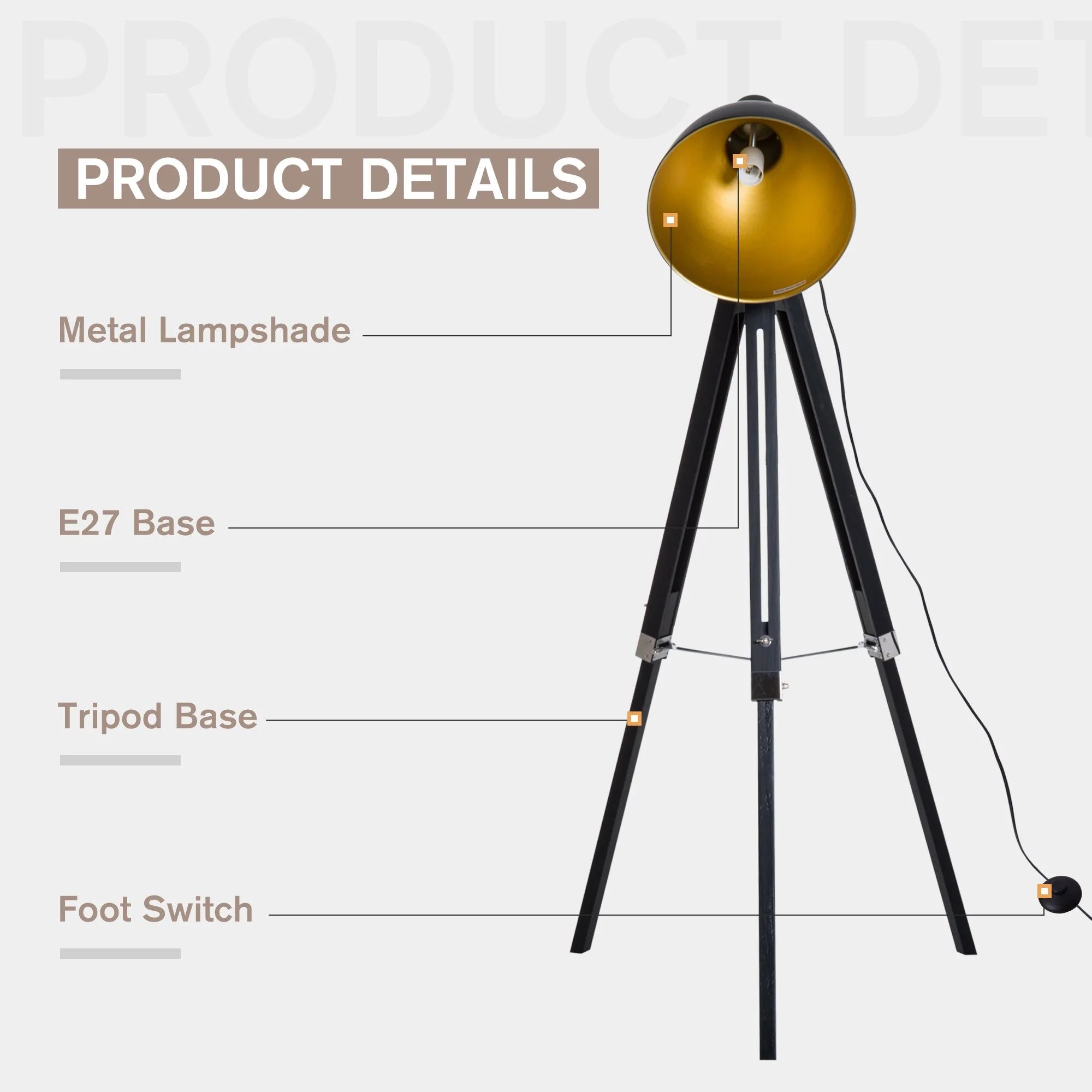 Industrial Floor Lamp for Living Room Tripod Spotlight Reading Lamp w/Wood Legs Metal Shade Adjustable Height Angle for Bedroom Home Office Black and Gold - Image 4