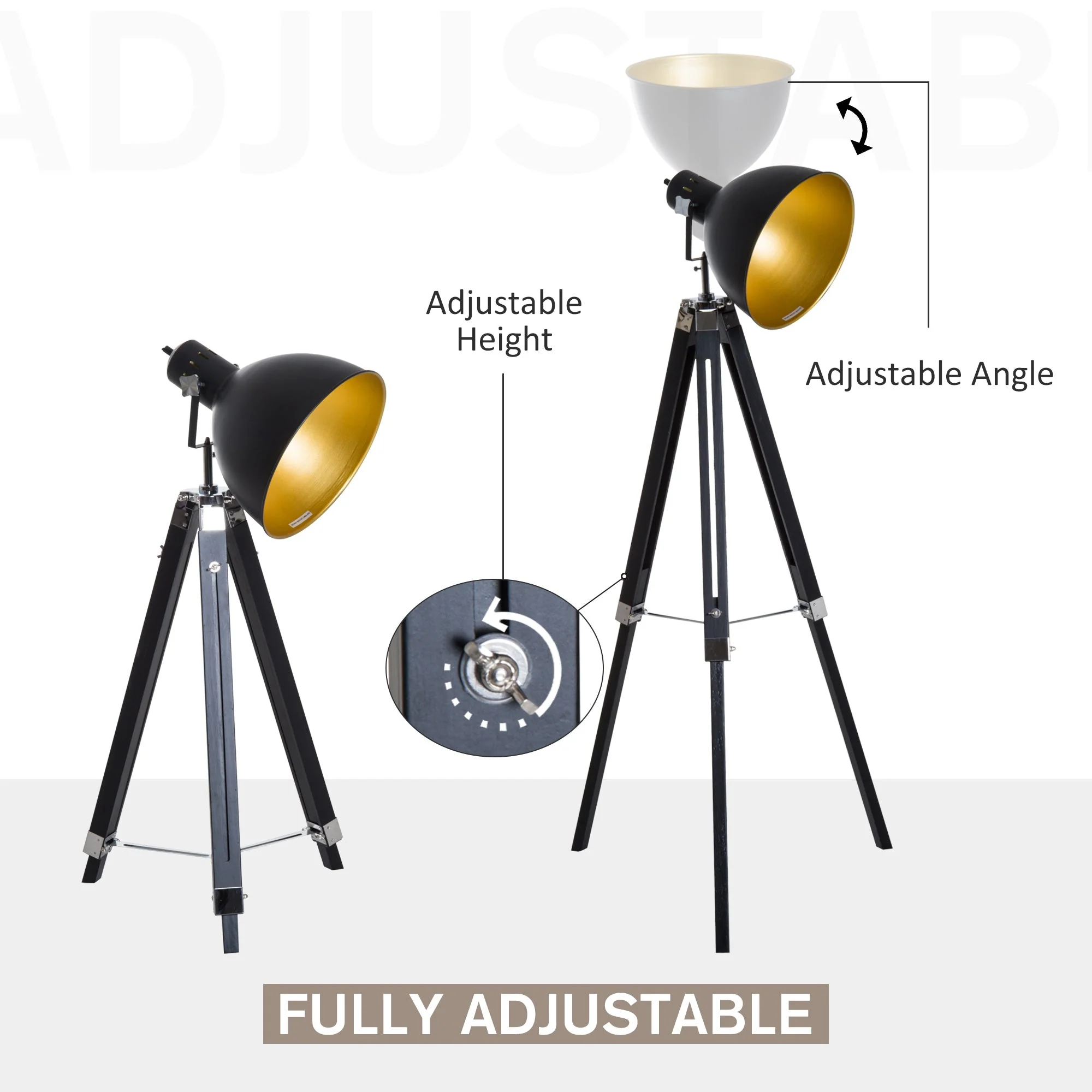 Industrial Floor Lamp for Living Room Tripod Spotlight Reading Lamp w/Wood Legs Metal Shade Adjustable Height Angle for Bedroom Home Office Black and Gold - Image 5
