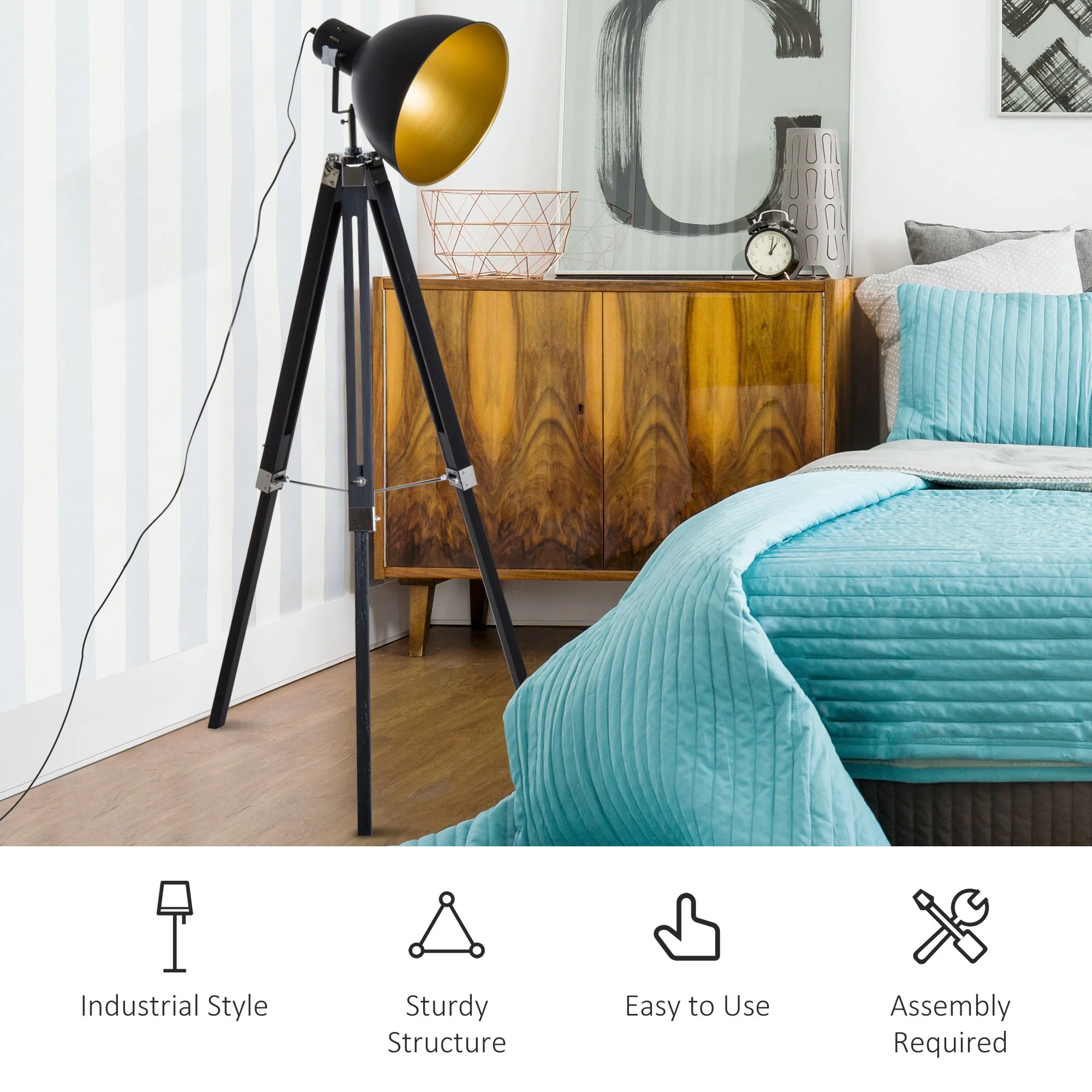 Industrial Floor Lamp for Living Room Tripod Spotlight Reading Lamp w/Wood Legs Metal Shade Adjustable Height Angle for Bedroom Home Office Black and Gold - Image 6
