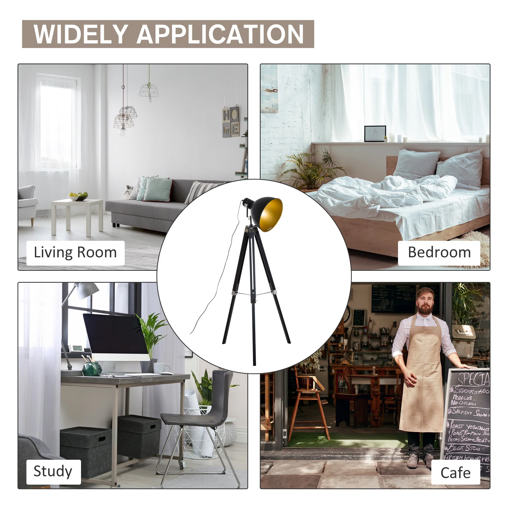 Industrial Floor Lamp for Living Room Tripod Spotlight Reading Lamp w/Wood Legs Metal Shade Adjustable Height Angle for Bedroom Home Office Black and Gold - Image 7